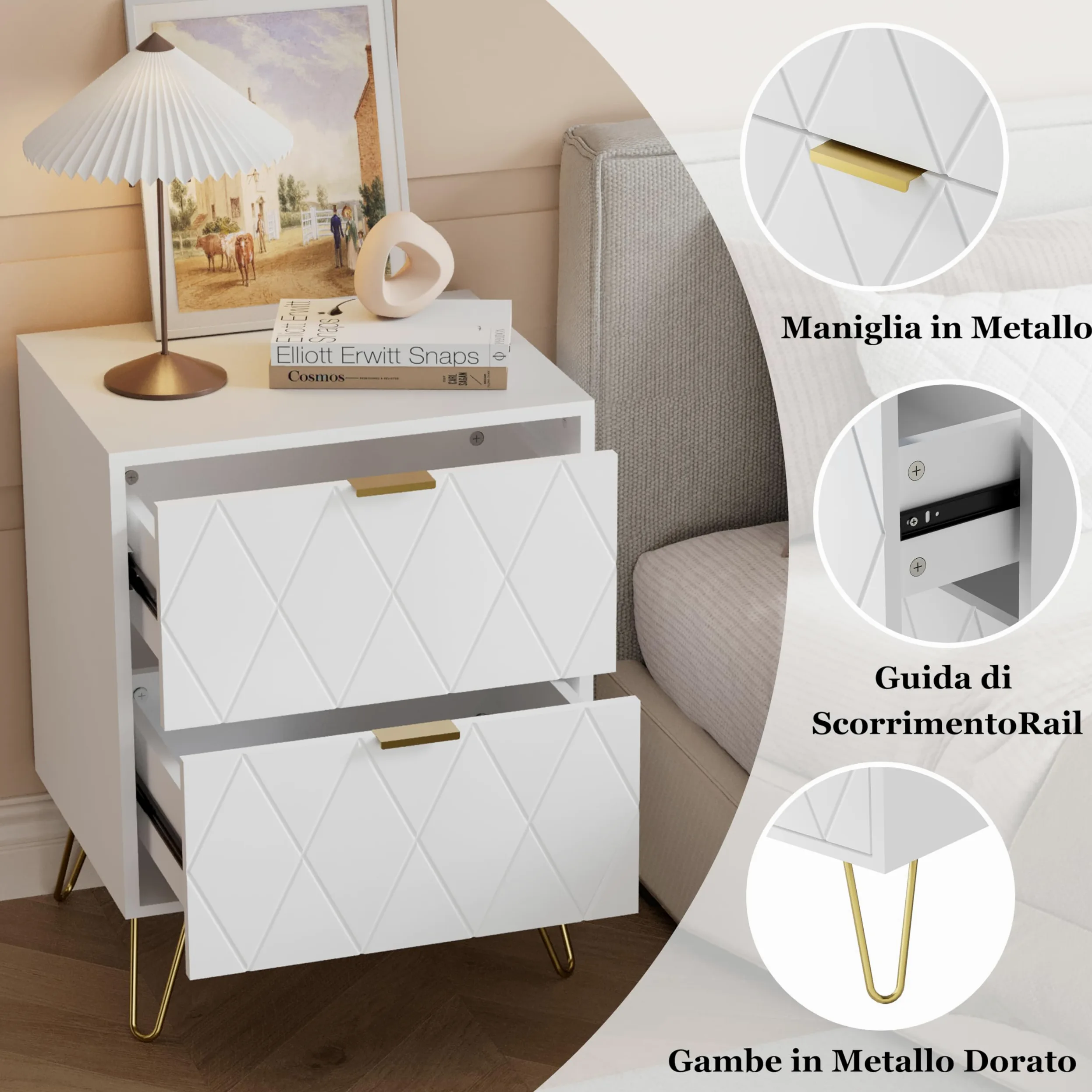 UEV Comodino Bianco Set di 2, Tavolini con 2 Cassetti in Legno ingegnerizzato Robusto, Comodino Piccolo Moderno con Maniglie e Gambe in Oro Cromato per Camera da Lett, 40 x 30 x 52 cm, Bianco