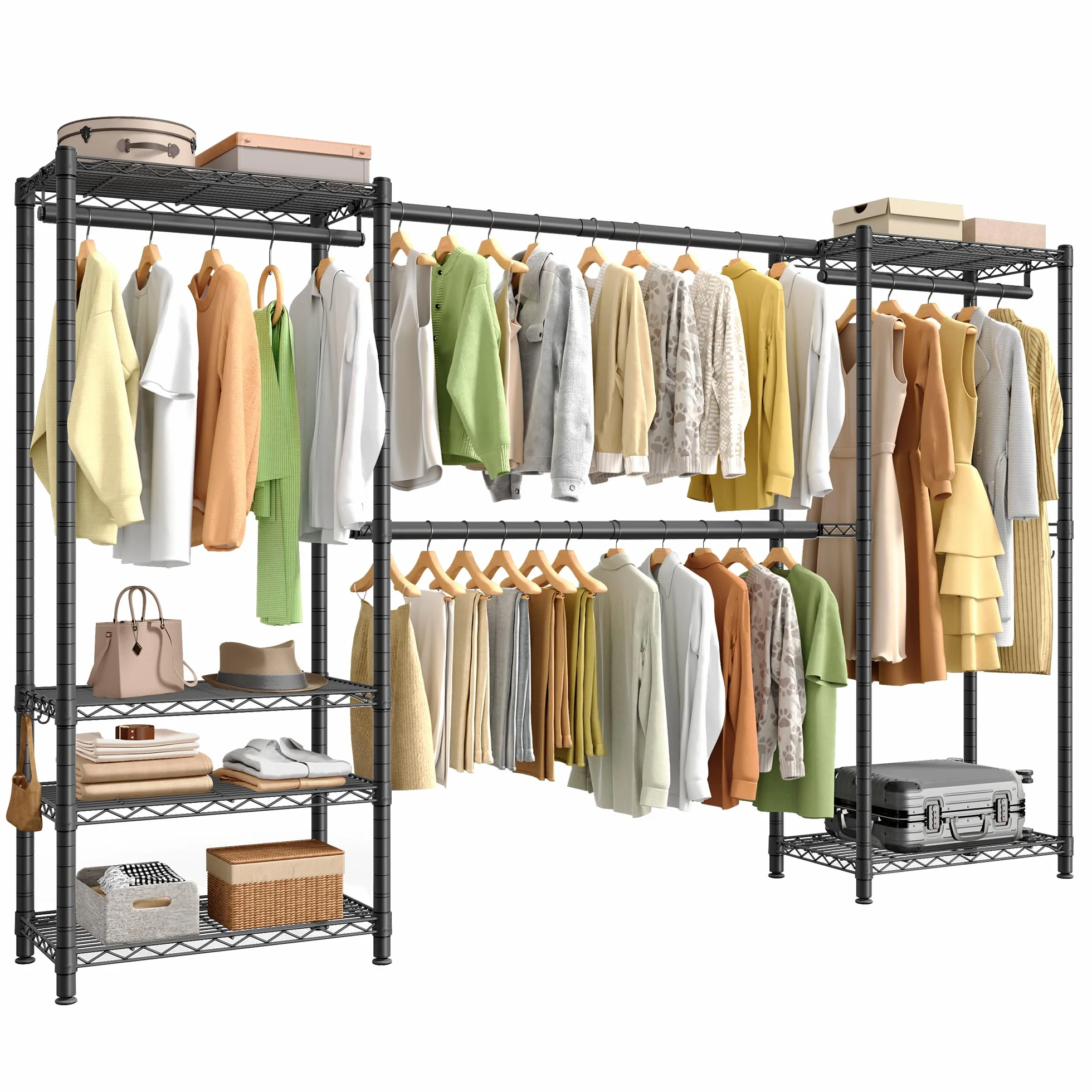 SONGMICS Appendiabiti per Carichi Pesanti, Armadio Portatile con Ripiani in Rete Regolabili e Barre Appendiabiti Estensibili, Ganci, 40 x (177-220) x 193 cm, Nero Inchiostro LGR438BH01