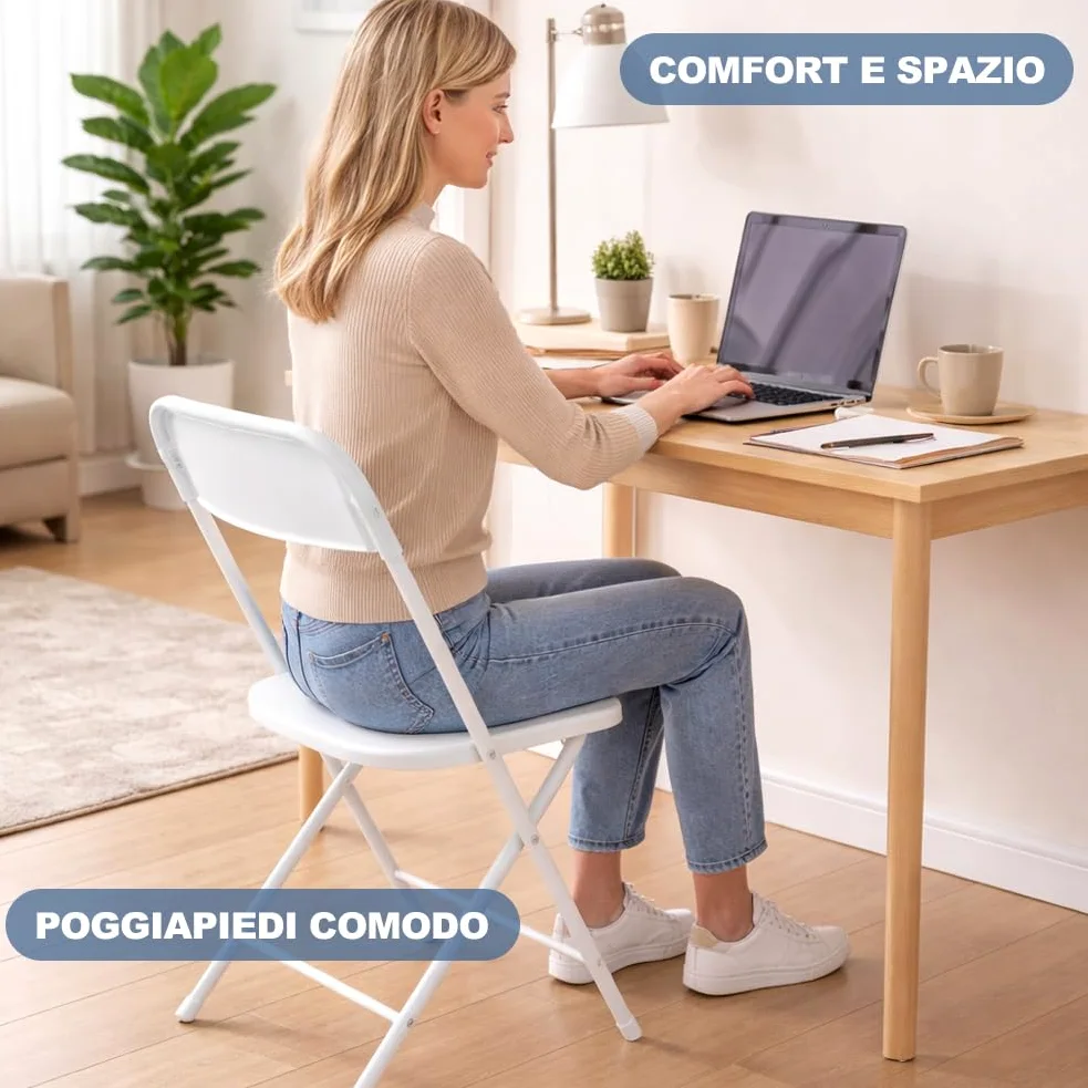 Shally Dogan Set 4 Sedie Pieghevoli Bianche con Struttura in Metallo e Seduta in Polipropilene Ergonomica, Sedia Multiuso Resistente da Esterno ed Interno, Ideale per Bar, Ristoranti, Casa, Giardino