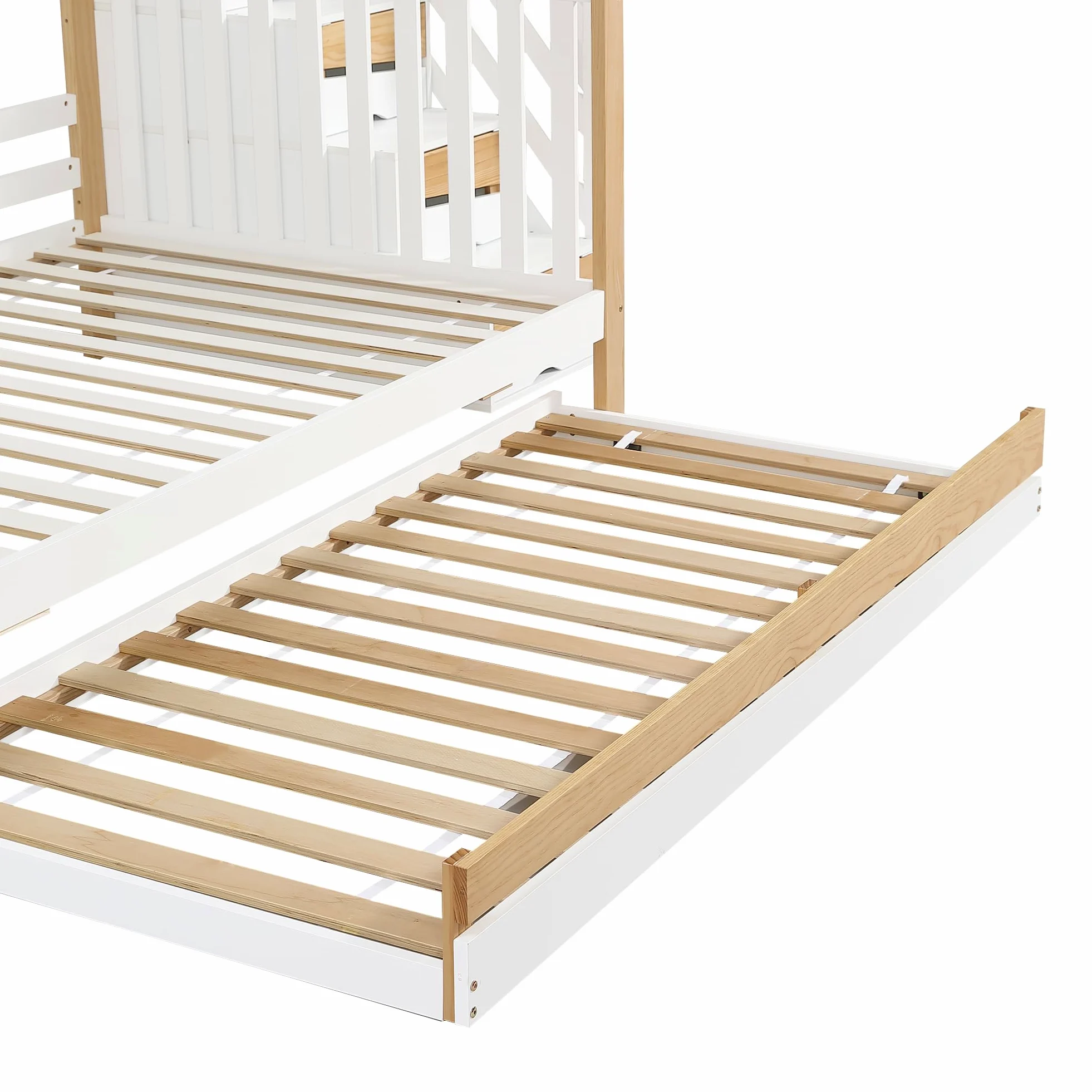 Letto a castello 90 x 200 e 120 x 200 cm, con letto a rotelle, design speciale di rivestimento della porta, scala angolare, pino+MDF, bianco e naturale