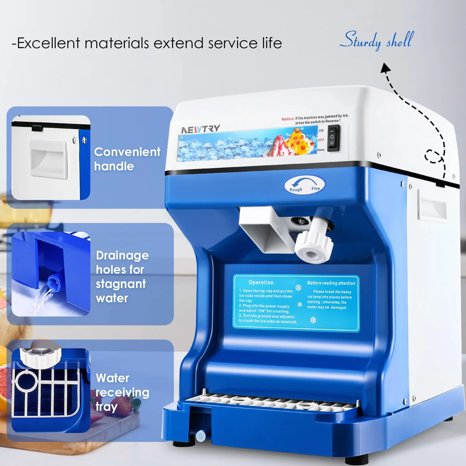 NEWTRY Tritaghiaccio elettrico commerciale 260 lbs/ora lame alluminio spessore regolabile