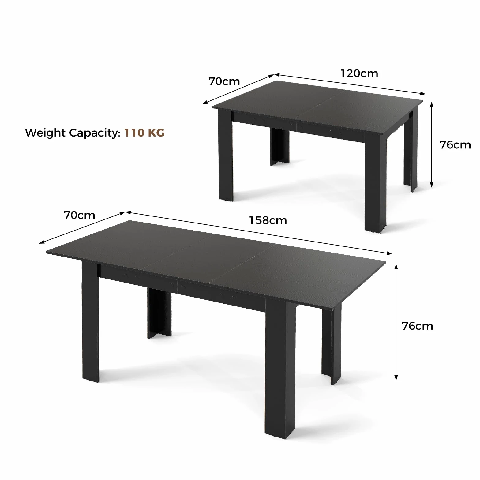 LIFEZEAL Tavolo da Pranzo Allungabile, 158x70cm per 4-8 Persone, Tavolo da Cucina, da Sala da Pranzo, Estensibile, Moderno, in Legno, Ampio Piano, Gambe a Forma di L, Montaggio Facile, Max 110kg, Nero