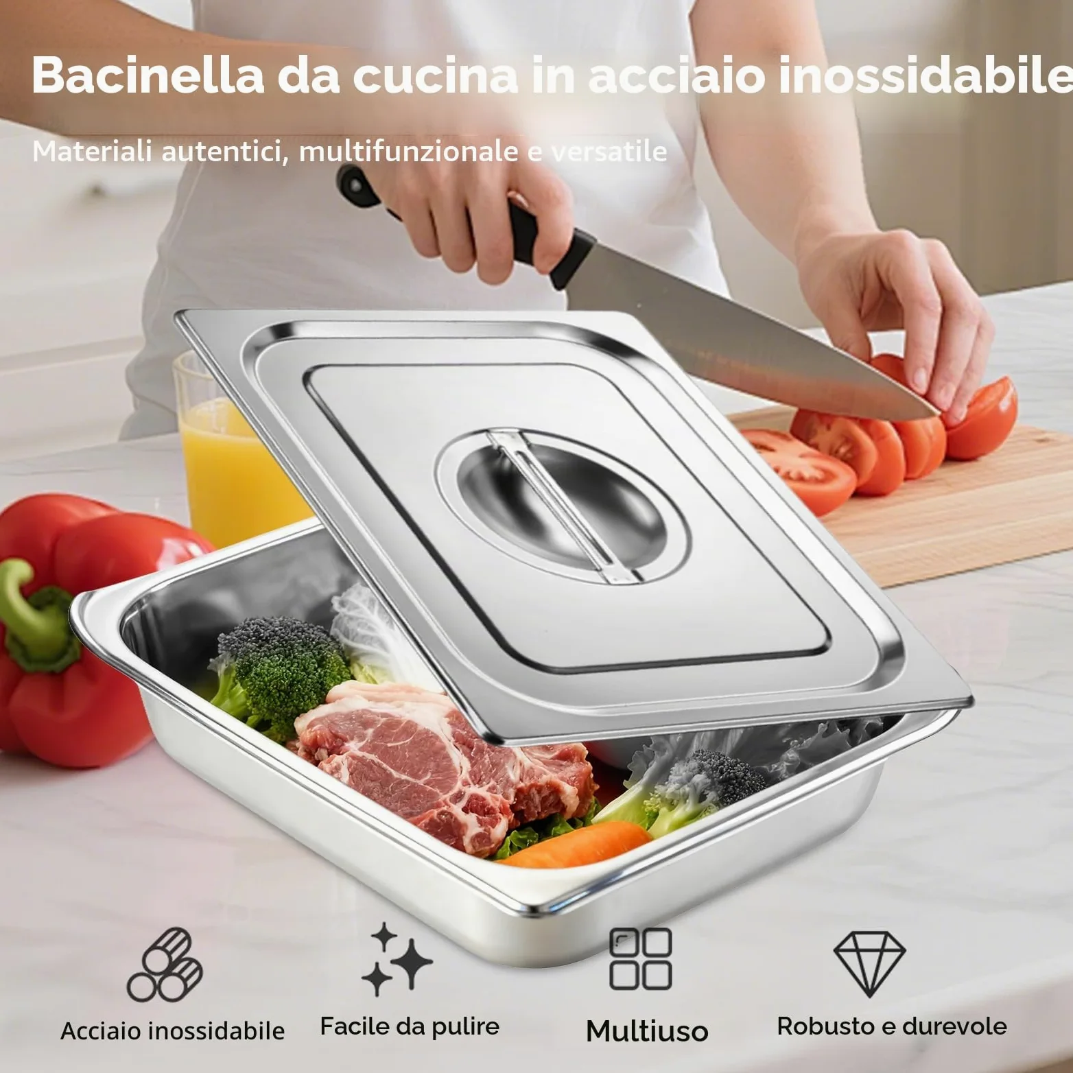 3 Pezzi Vassoio in Acciaio Inox,Teglia Forno Rettangolare con Coperchio,Contenitori per Alimenti Inox,Ciotole per Impanare Inox,Vassoio Acciaio Inox per Marinare Carne,Cotoletta,32,5x26,5x6,5cm