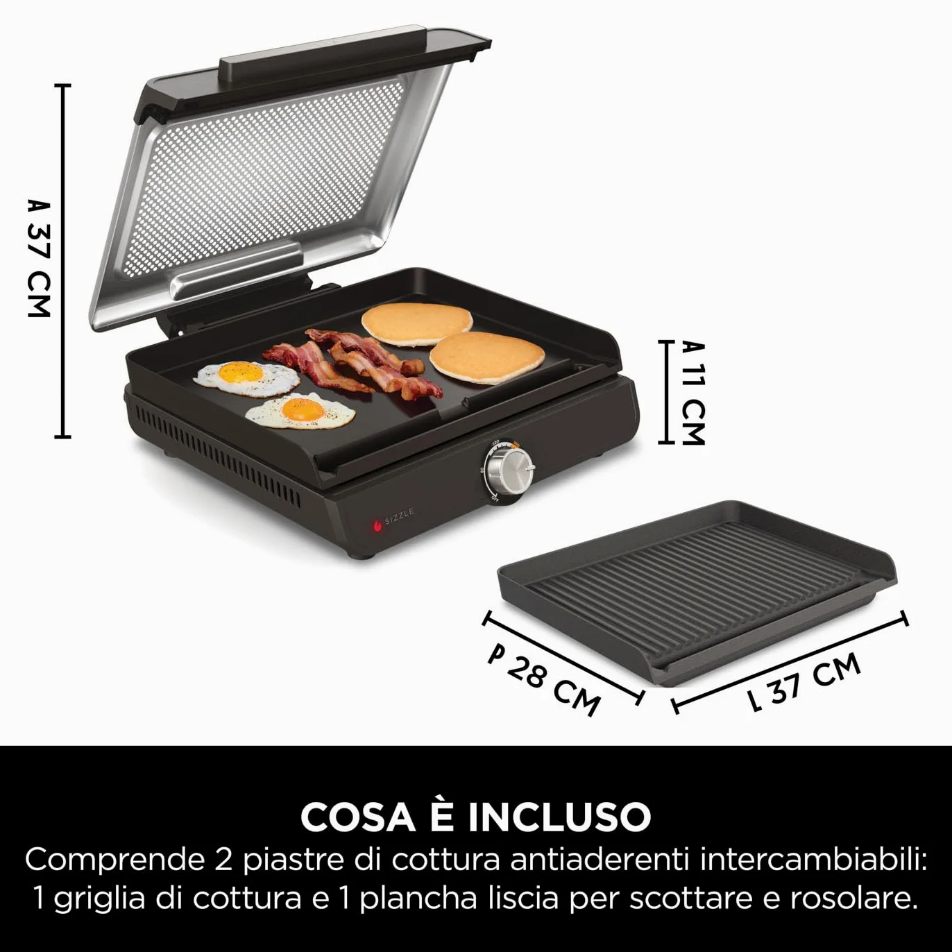 Ninja Sizzle Griglia Elettrica e Piastra Antiaderente per Interni, Coperchio Rimovibile Lavabile in Lavastoviglie, Vaschetta Raccogli Grasso, Manopola per Temperatura e Ricettario, Grigio GR101EU