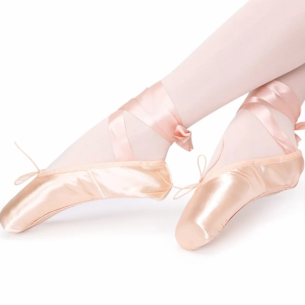 Scarpe da Danza Punta Classica Rosa con Nastro e Puntali per Donna