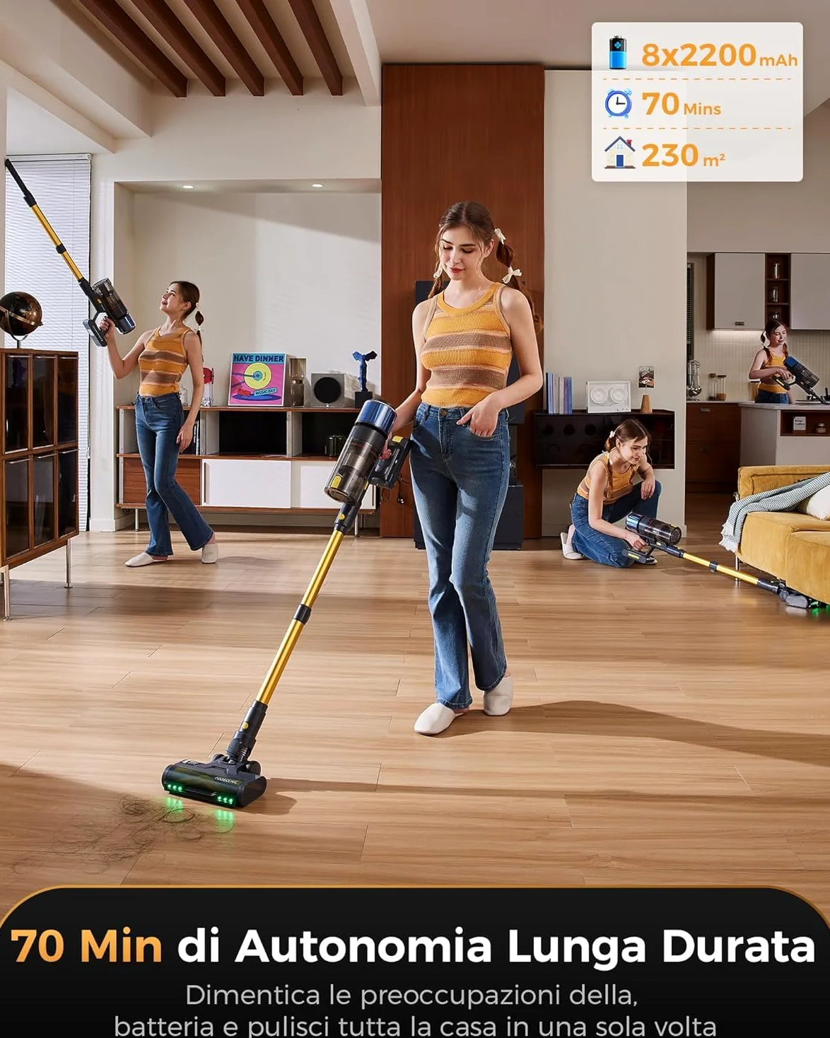 Proscenic P15+ Aspirapolvere Senza Fili 70Min/55Kpa/650W Scopa Elettrica Senza Fili Potente Autonomia Asta Telescopica Regolabile Design Autoportante Tecnologia GreenEye per Pavimenti e Tappeti