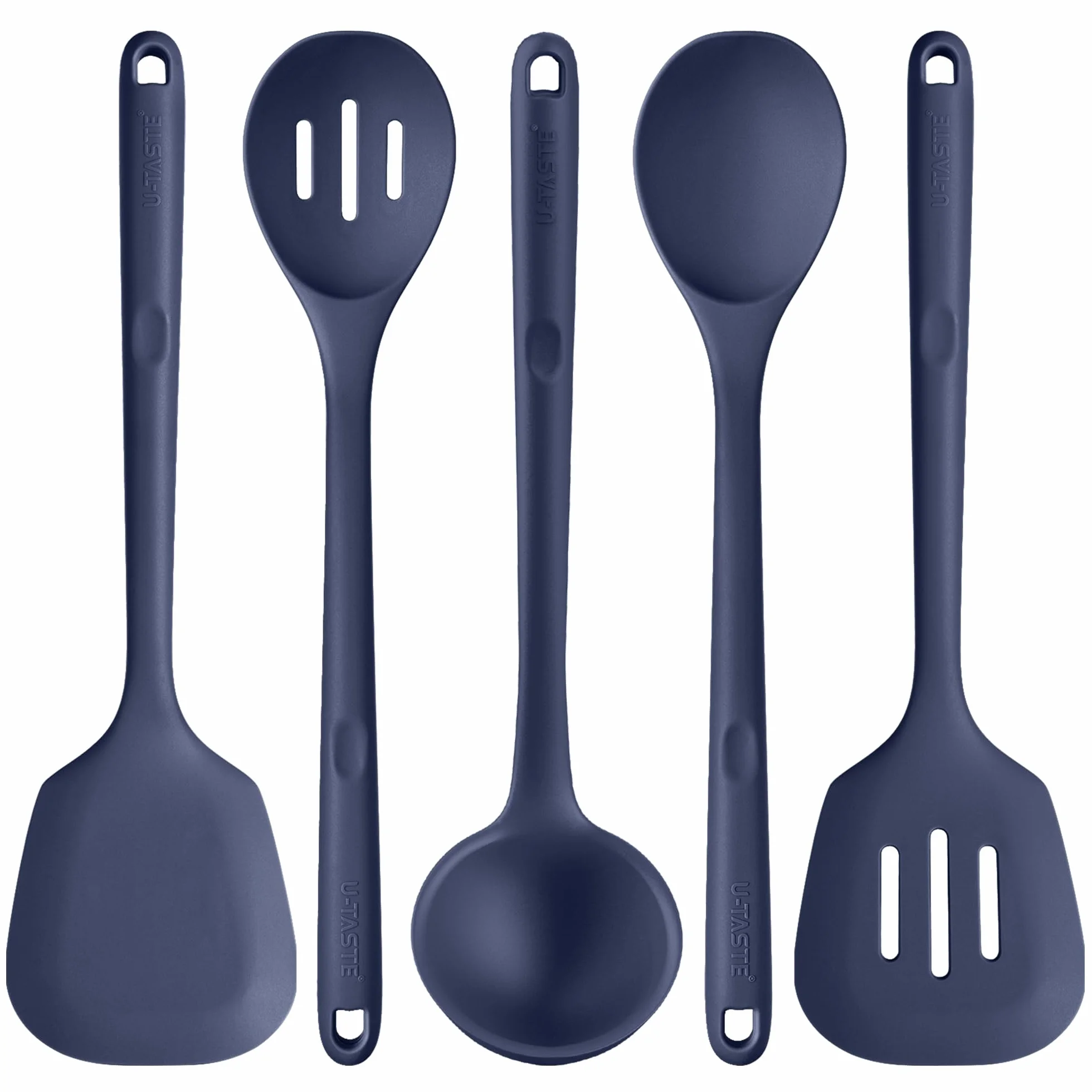 U-Taste Utensili da cucina in silicone extra lunghi 315℃, Spatole, cucchiai e mestolo antiaderente (5 Pz, Blu notte)