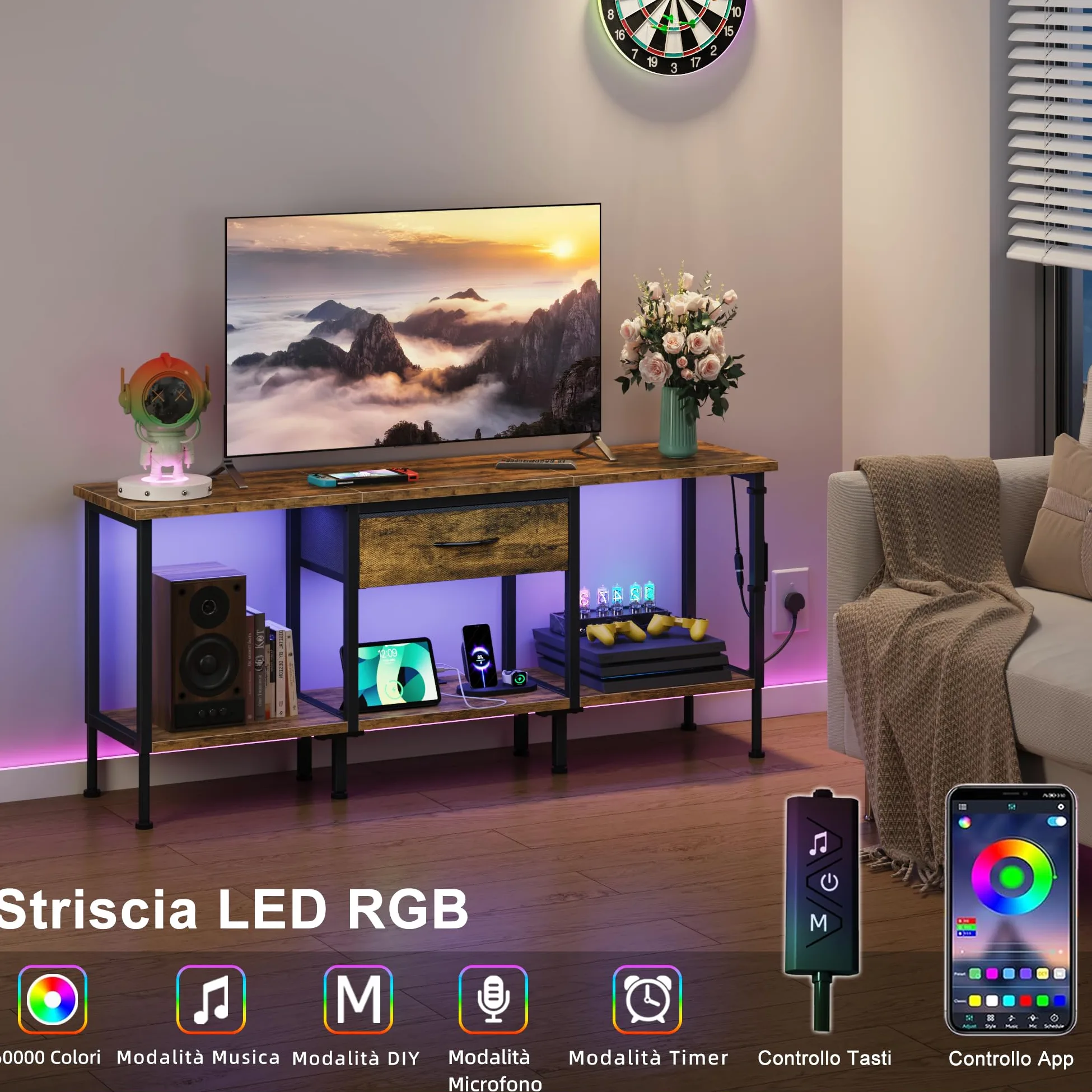 Mobile TV con Presa, Supporto TV con Illuminazione a LED, Cassetto in Tessuto e Ripiani Aperti, 120 cm Mobile TV per TV fino a 55″ per Soggiorno e Camera da Letto, Marrone Rustico