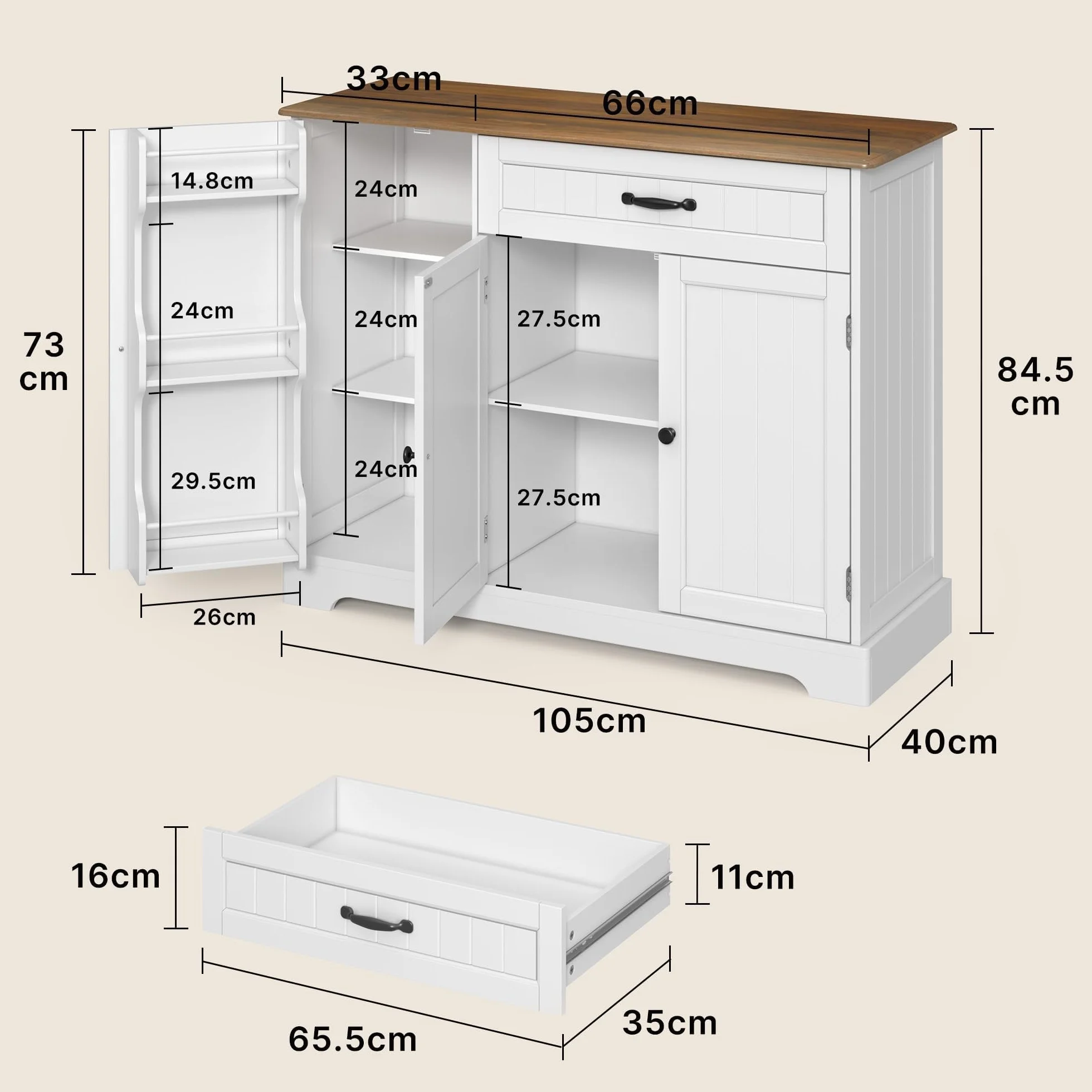 Xbro Credenza con 1 Cassetto e 3 Ante, Mobile Buffet con Spazio di Archiviazione a 3 Livelli, Chiusura Ribaltabile e Angoli Arrotondati, per Cucina, Soggiorno o Camera da Letto, Vintage