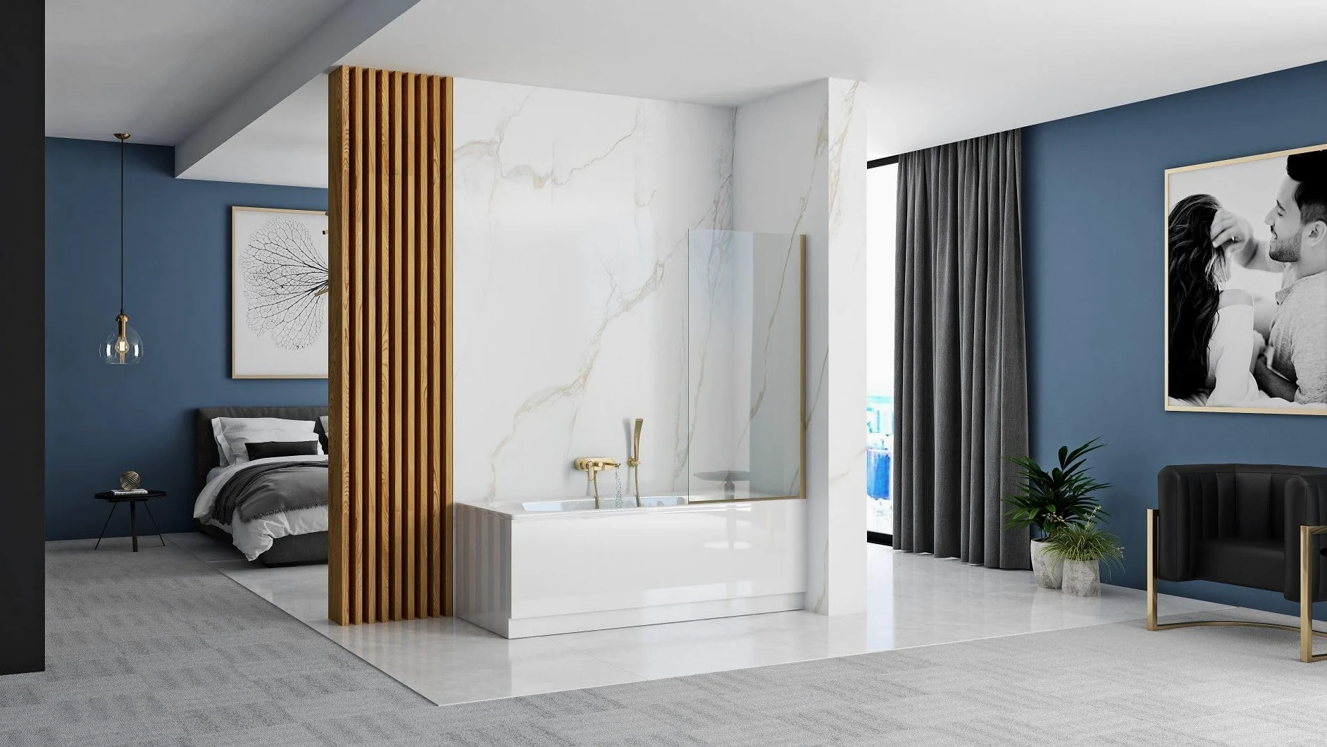 Rea - Parete Vasca Elegant Gold 80 X 140 cm Sopravasca A Parete, Vetro Di Sicurezza 5 mm (Finitura Profilo: Oro Chiaro)