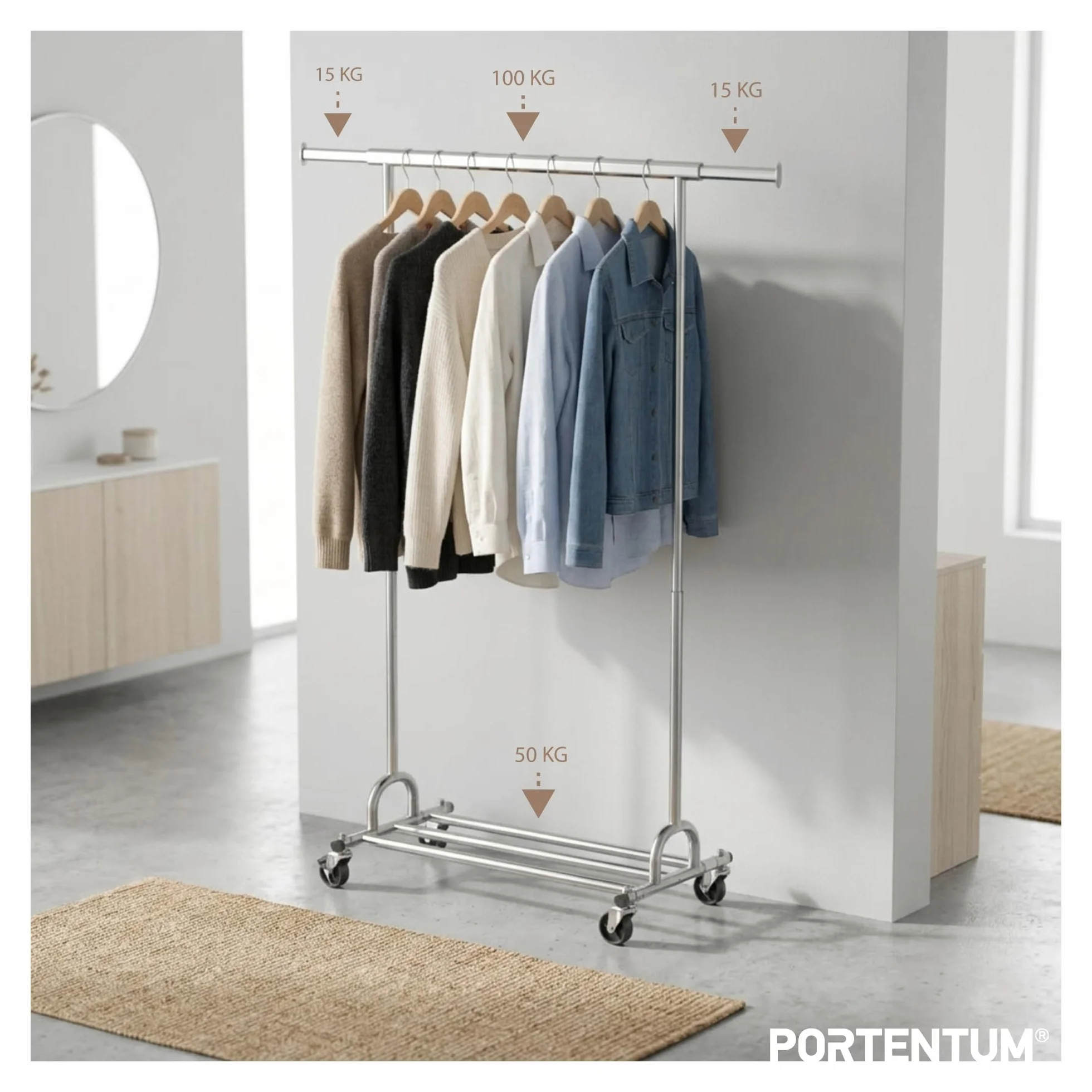 PORTENTUM Stand appendiabiti da terra robusto estensibile con ruote e freni – Fino a 180 kg – Porta abiti in acciaio 45 x (92-132) x 161,5 cm – Ripiano inferiore