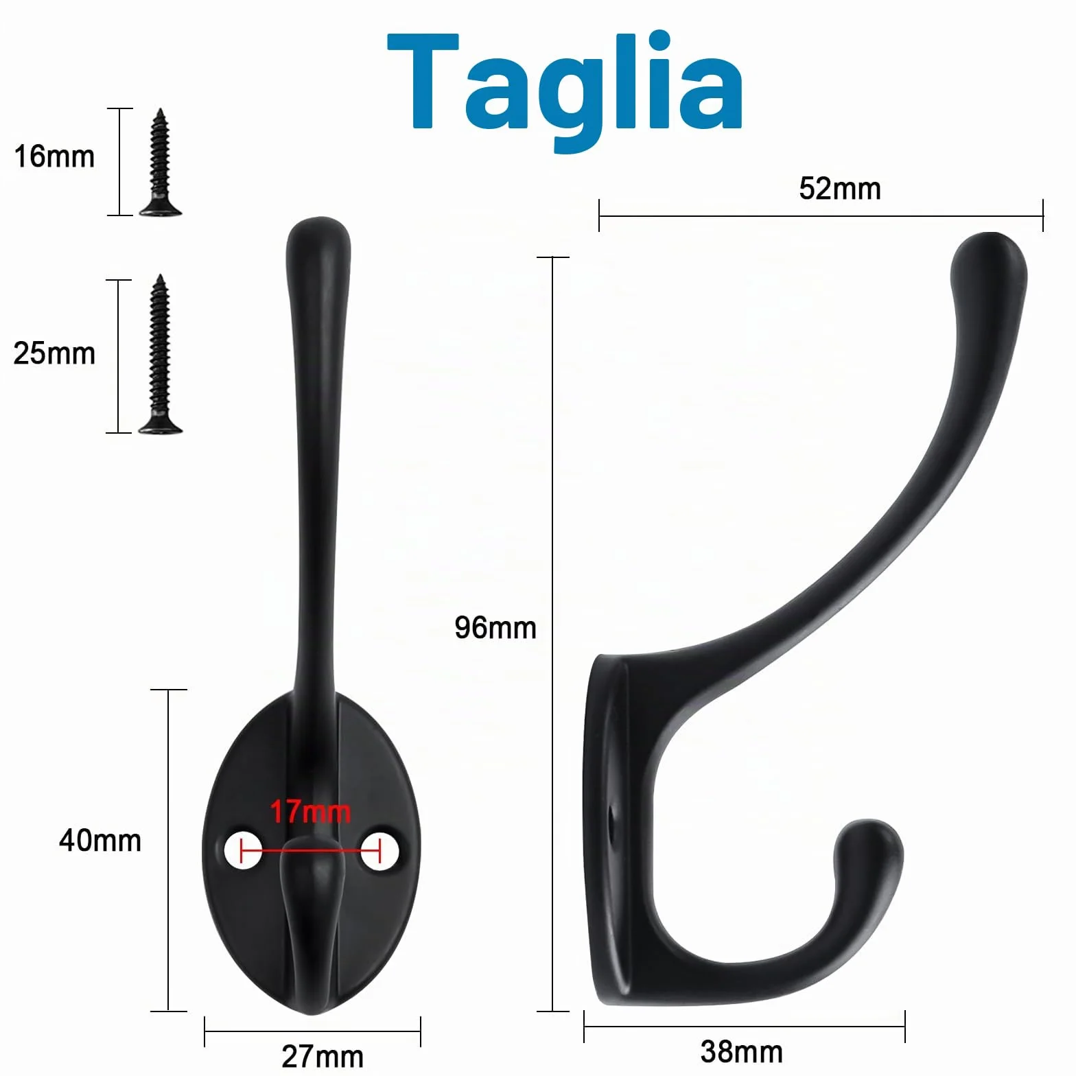 Ganci Appendiabiti da Parete in Metallo Vintage 12 Pezzi con 48 Viti Nero