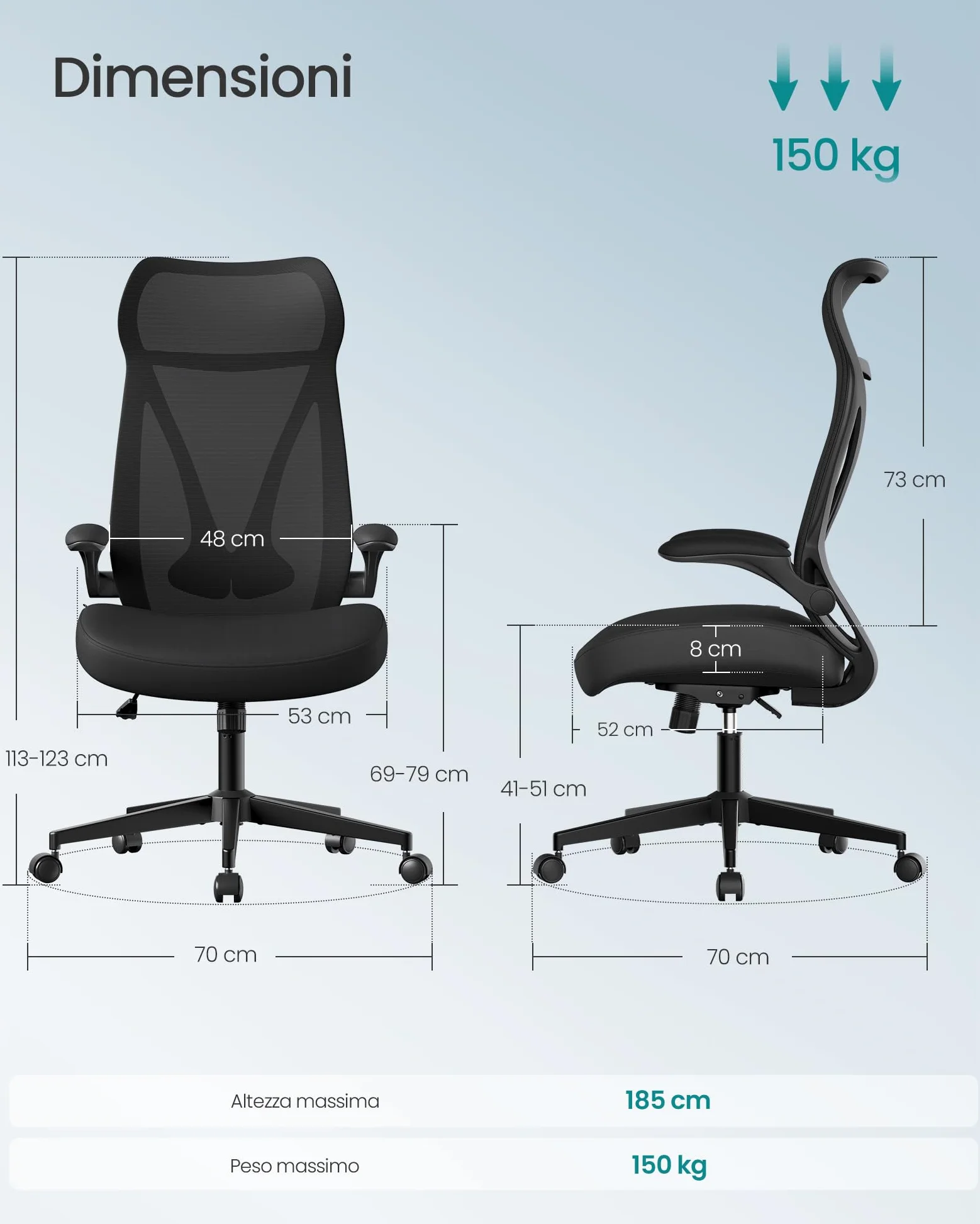 SONGMICS Sedia da Ufficio, Sedia da Scrivania, Schienale Ergonomico, Altezza Regolabile, Braccioli Ribaltabili, Poltrona Girevole con Poggiatesta, Portata 150 kg, Nero Inchiostro OBN088B01