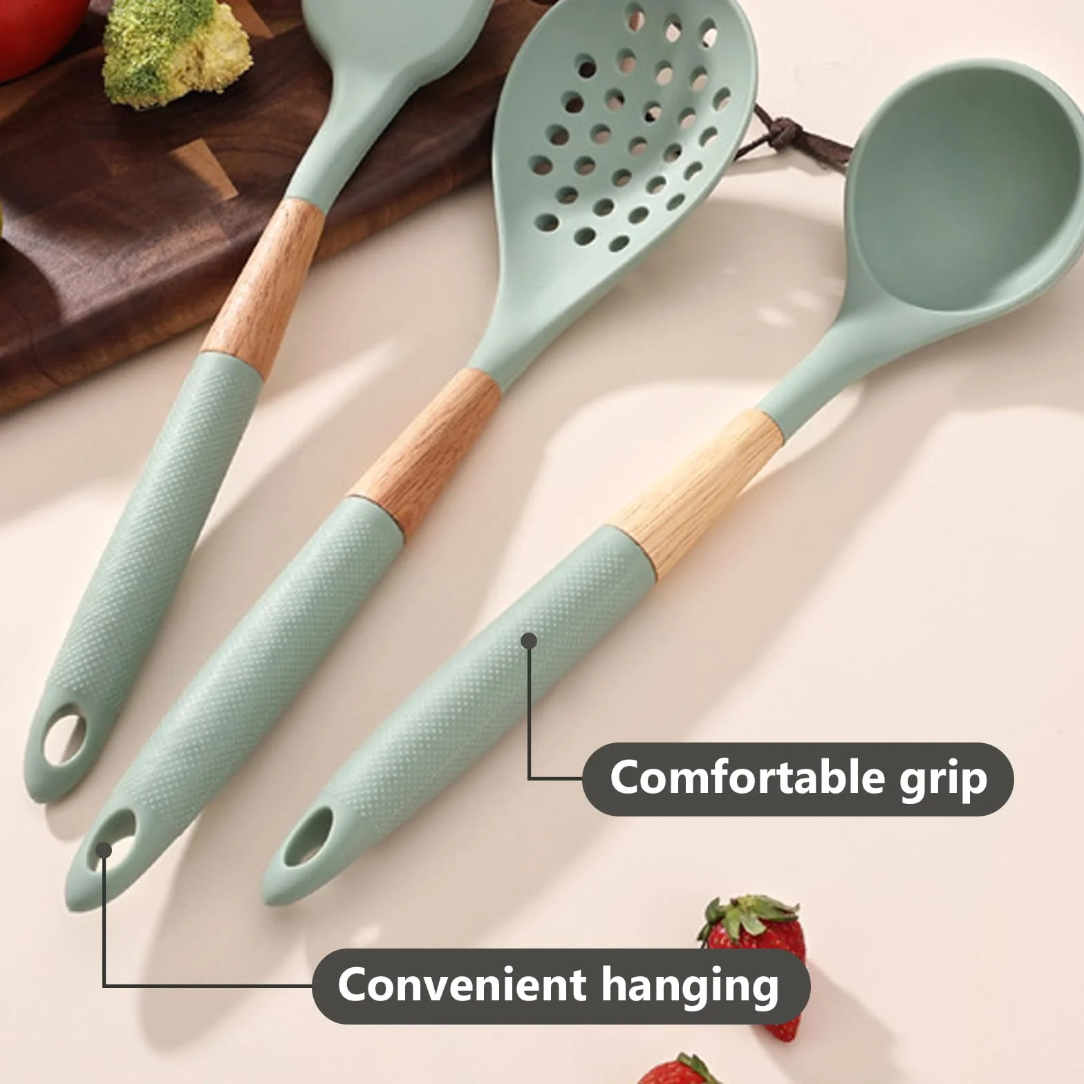 AVEKI Set di utensili da cucina in silicone 7 pezzi con supporto girevole resistenti al calore verde