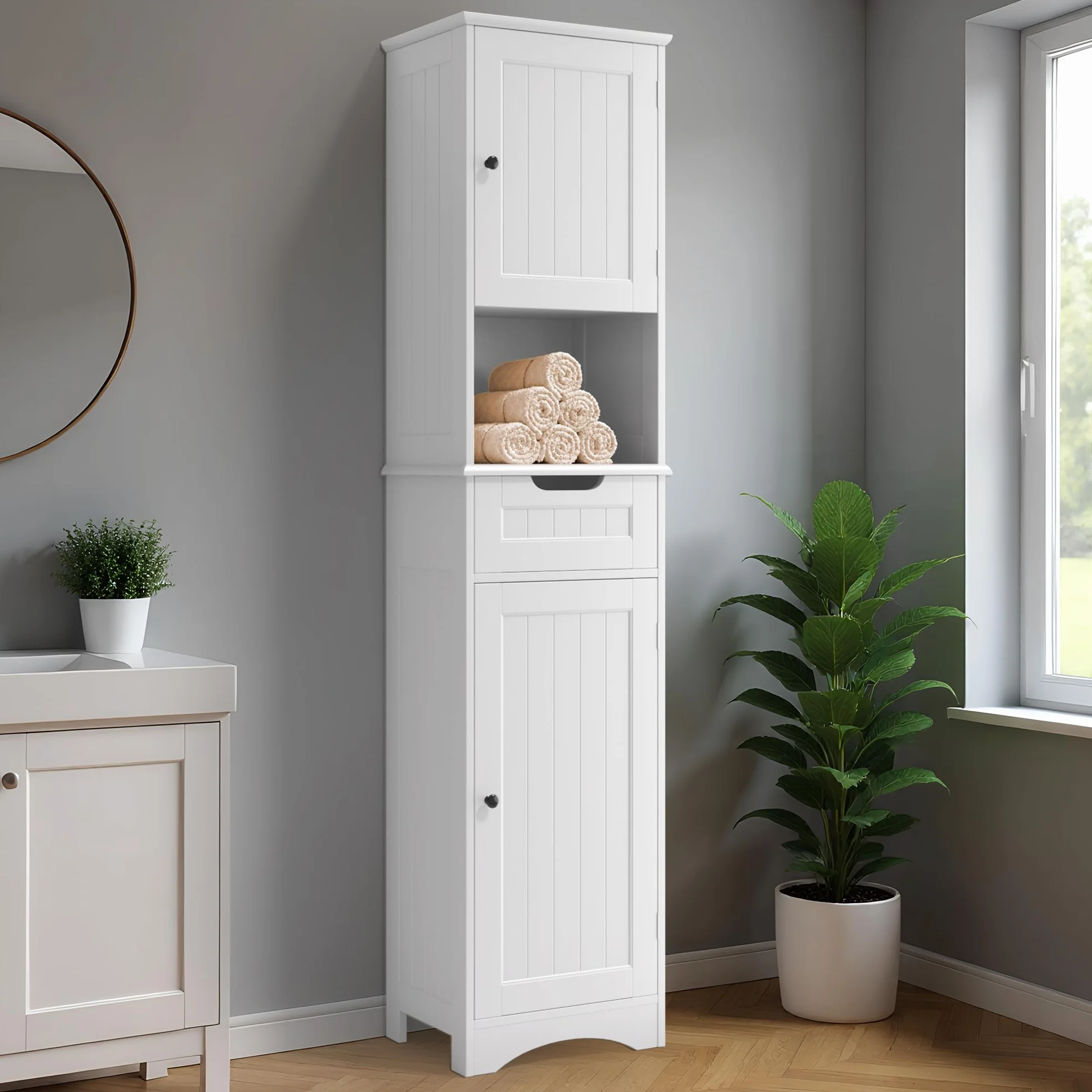 Mobiletto da Bagno Alto con Ripiani Regolabili, Cassetto, Scomparto Aperto, Porte Magnetiche e Protezione Antiribaltamento – 170 x 40 x 30 cm (Bianco)