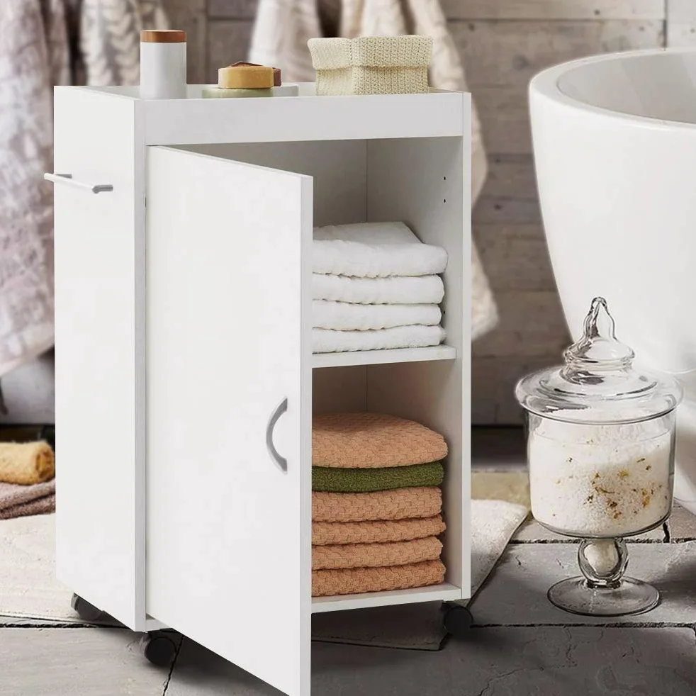 BAKAJI Carrello Bagno Cucina in Legno MDF con Anta 3 Ripiani e 4 Ruote Girevoli Dimensioni: 50 x 32 x 77,5 cm Mobiletto Trolley Salvaspazio Colore Bianco