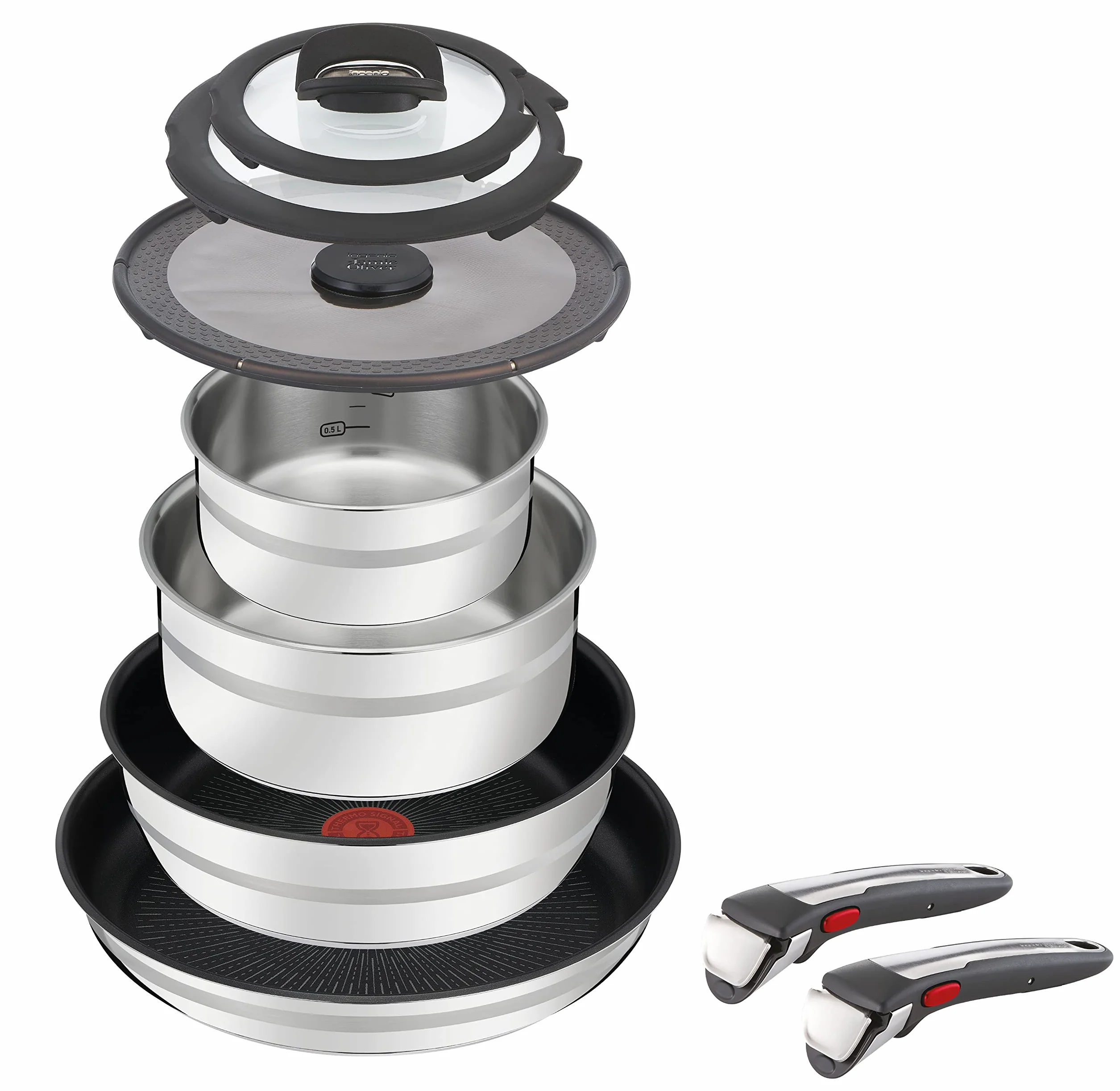 Jamie Oliver by Tefal Ingenio L9769932 - Set da 9 pezzi in acciaio inox, 2 padelle rivestite, 2 pentole, 3 coperchi, a induzione, resistente al forno
