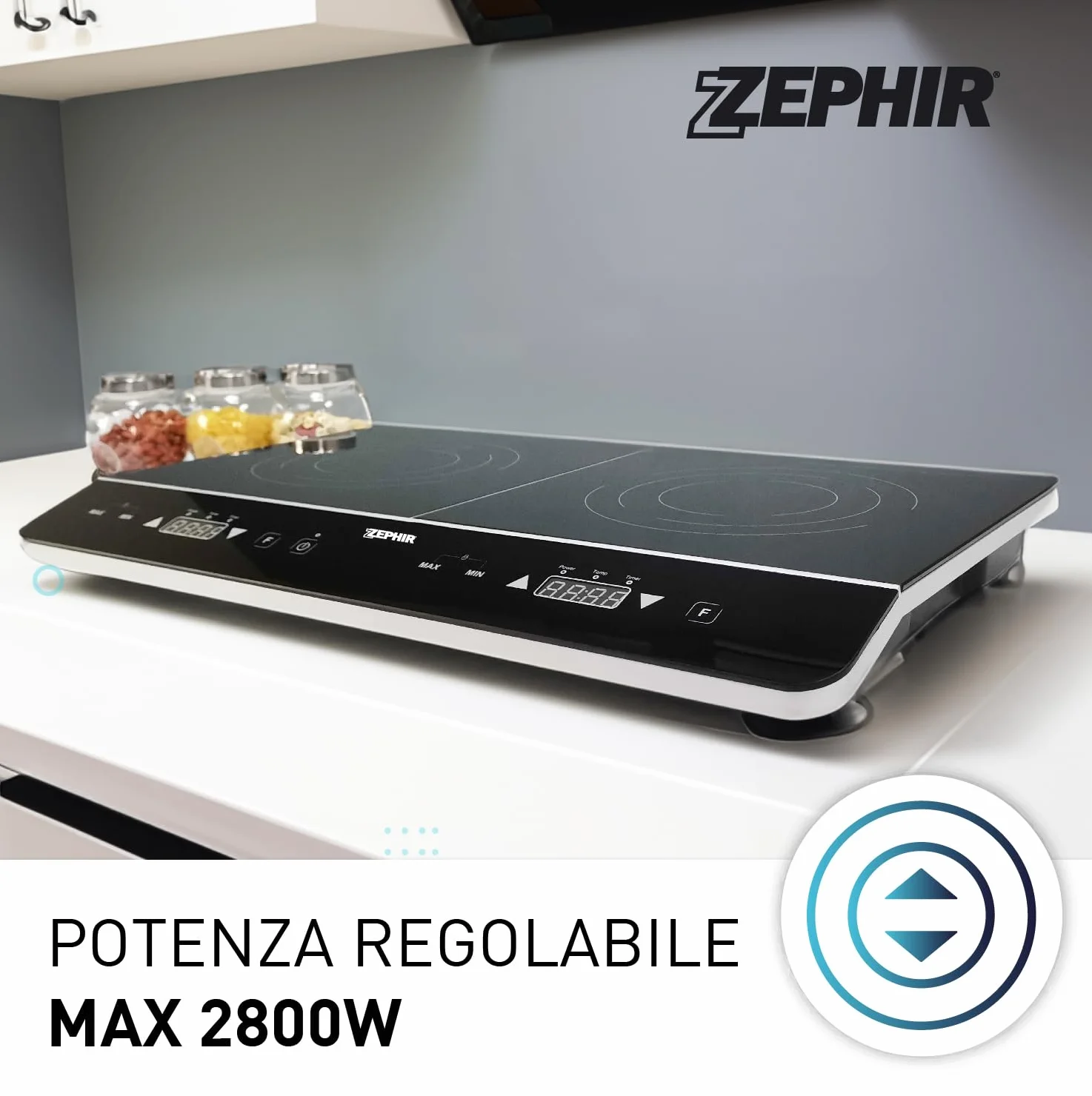 Zephir, Doppia Piastra a Induzione Portatile Potenza Max 2800W, 10 Livelli di Temperatura e di Potenza, Piastre in Vetro Temperato per Pentole Diametro 12-26 cm, Timer 180 Minuti (Doppia)
