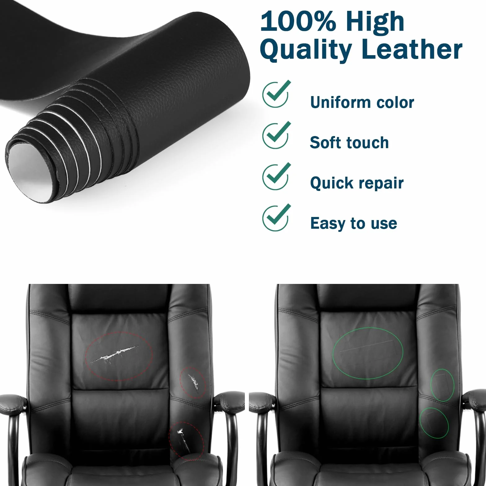 Vinabo Pelle Adesiva per Riparazioni 10 x 160 cm, Similpelle Adesiva, Toppe per Riparazione Autoadesive in Pelle PU, Ecopelle Adesiva per Tappezzeria, Borsa in Pelle, Sedile Auto, Divano, Mobili-Nero