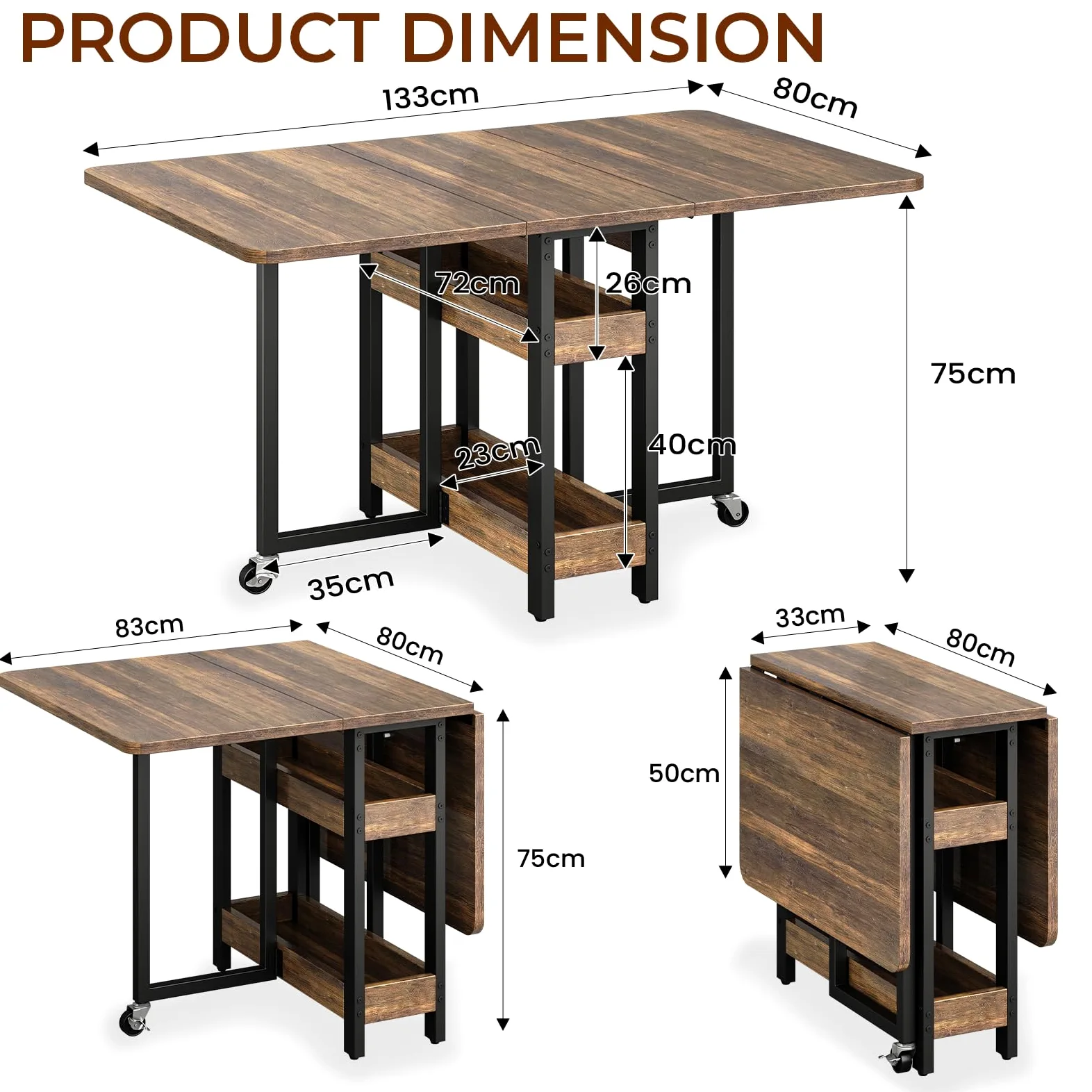 Clevich Tavolo da pranzo pieghevole mobile con 2 ripiani, per 4-6 persone, ideale per spazi ridotti, ingombro da chiuso: solo 0,218 m³, per cucina e casa, 133x80x75 cm, legno di tigre.