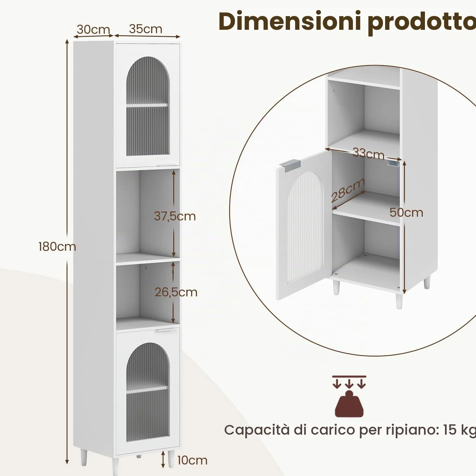 LIFEZEAL Mobile Bagno Salvaspazio Bianco, Colonna Bagno Alto, Stretto, 35x30x180cm, Credenza Cucina, Armadio Dispensa, Mobiletto, con 2 Ante in Vetro, Ripiani Regolabili, Scomparti, in Legno, Max 90kg