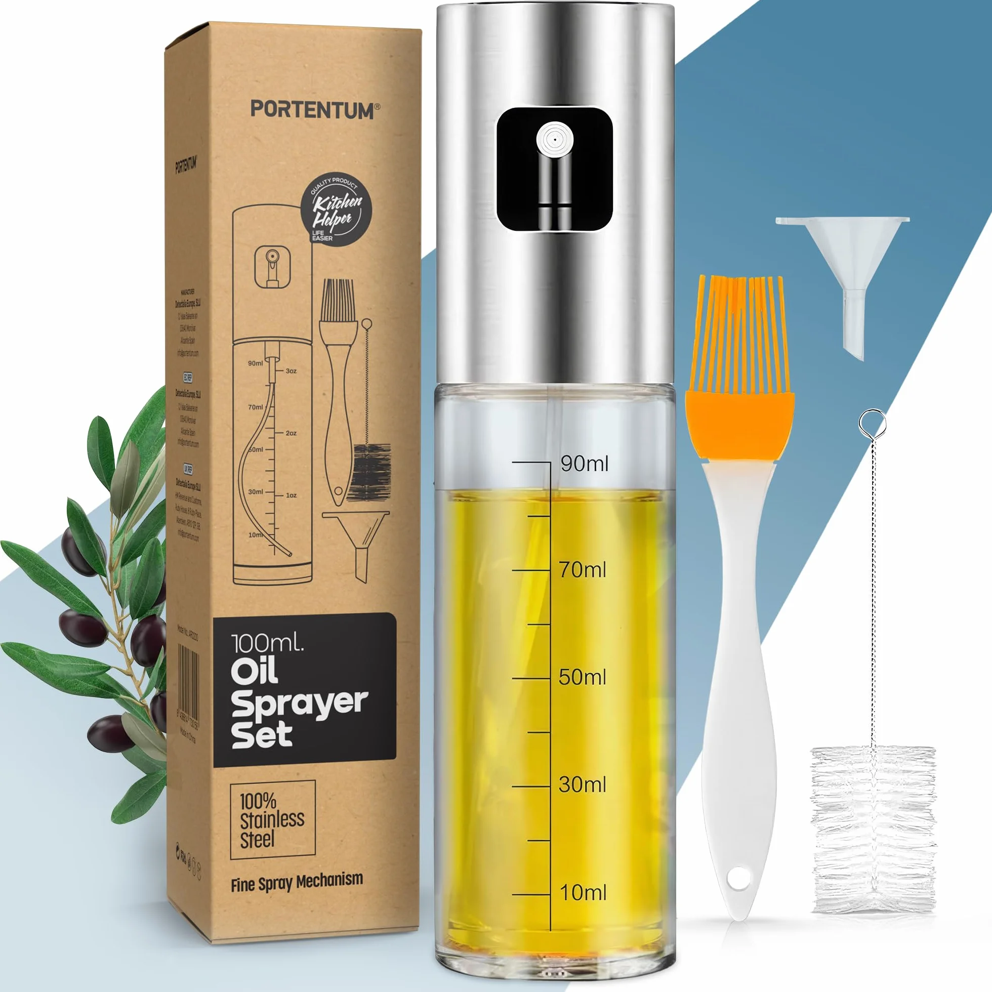 PORTENTUM Spruzzatore Olio Spray Acciaio Inox 100ml Oliera Vetro Cucina Friggitrice Aria
