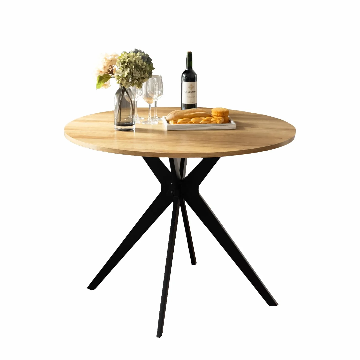 Tavolo da conferenza rotondo in rovere e nero, robusto, in legno e metallo, design compatto e professionale, ideale per riunioni di squadra in ufficio e progetti 100 x 100 x 75 cm