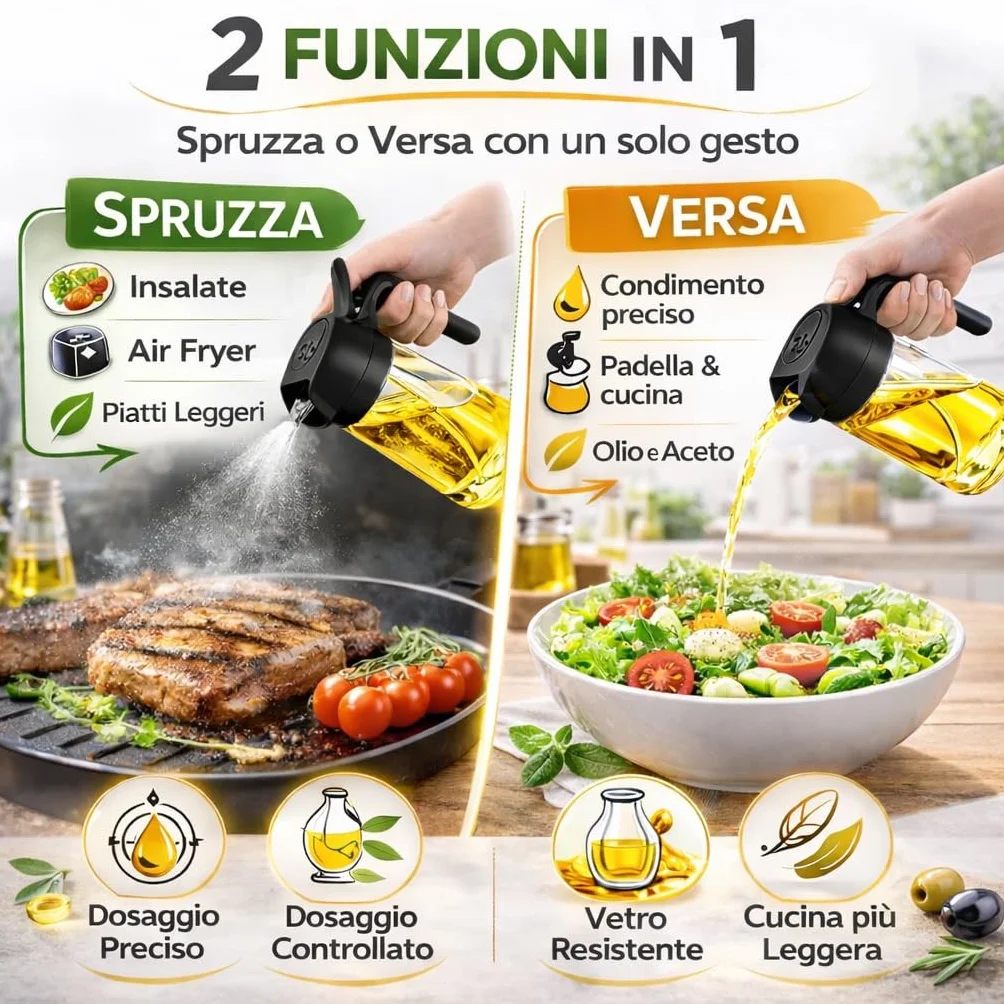 Spruzzino Olio Vetro 470 ml Cucina – Spray Dosatore Olio e Aceto Nebulizzazione Fine Antispreco