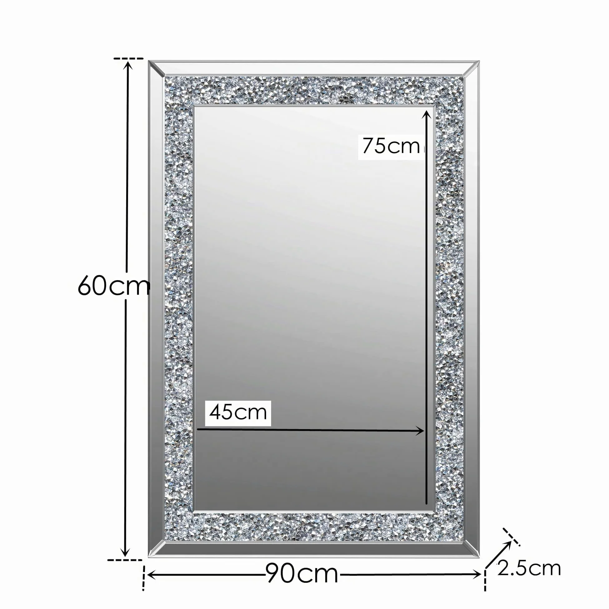 SHYFOY Specchio da Parete Rettangolare | Specchio Decorativo da Parete con Decoro Diamante in Cristallo | Specchio Grande e Lussuoso per Bagno Soggiorno Camera da letto Ingresso | 90 x 60 cm |