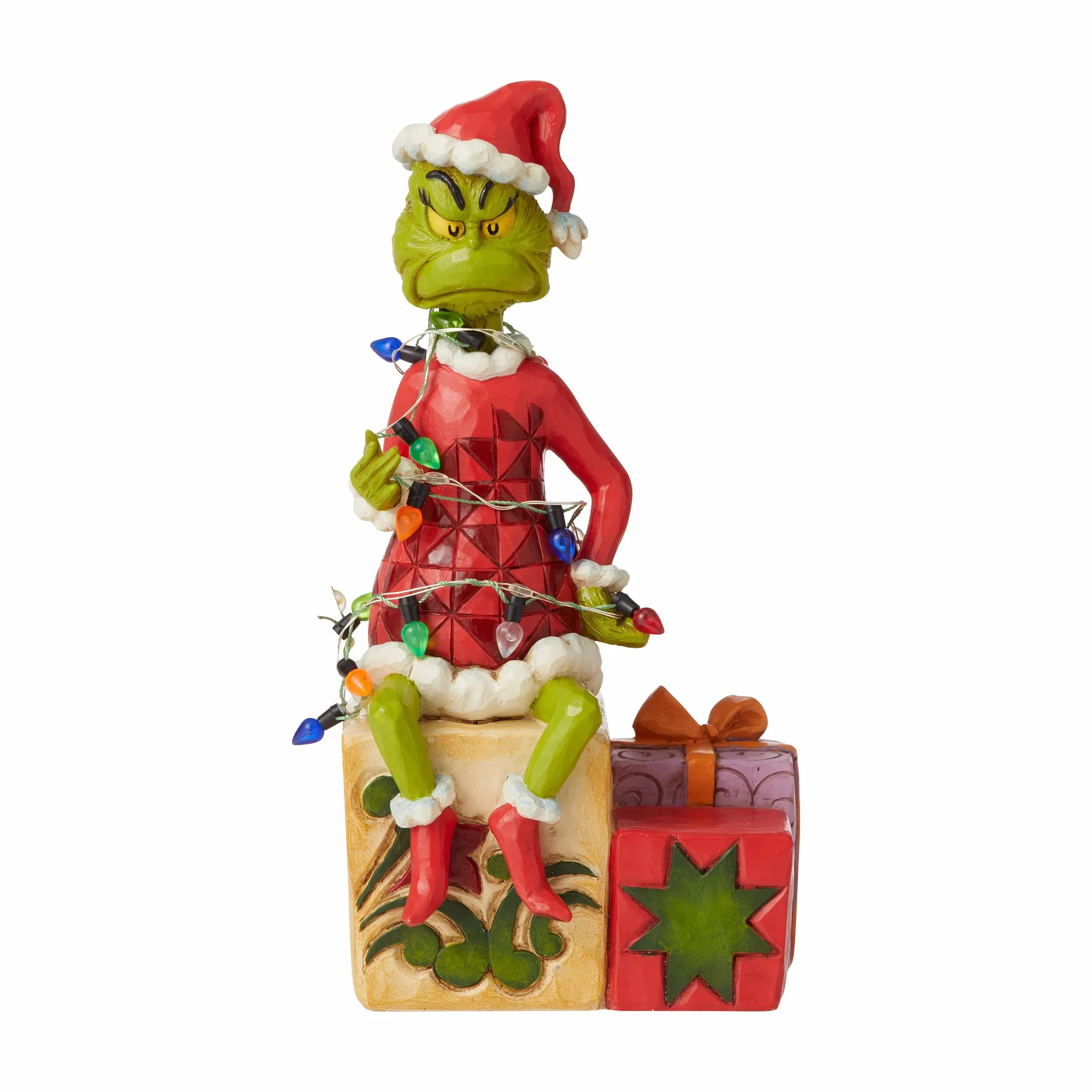 Enesco Jim Shore Dr. Seuss The Grinch seduto sui regali illuminati statuetta, 19 cm, multicolore, rosso