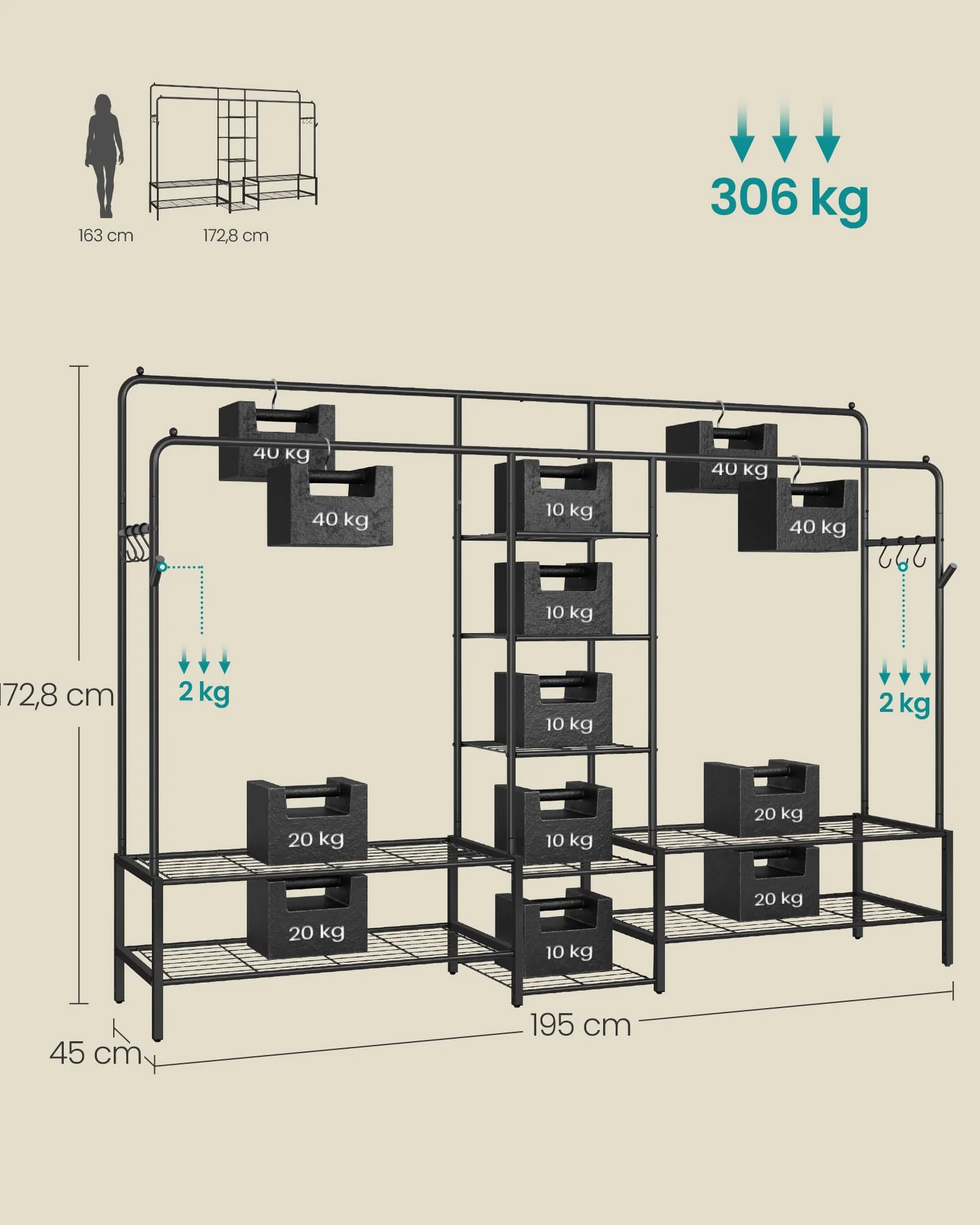 SONGMICS Stand Appendiabiti, Guardaroba Aperto, 9 Ripiani Portaoggetti, Struttura in Metallo, Nero HSR183B01