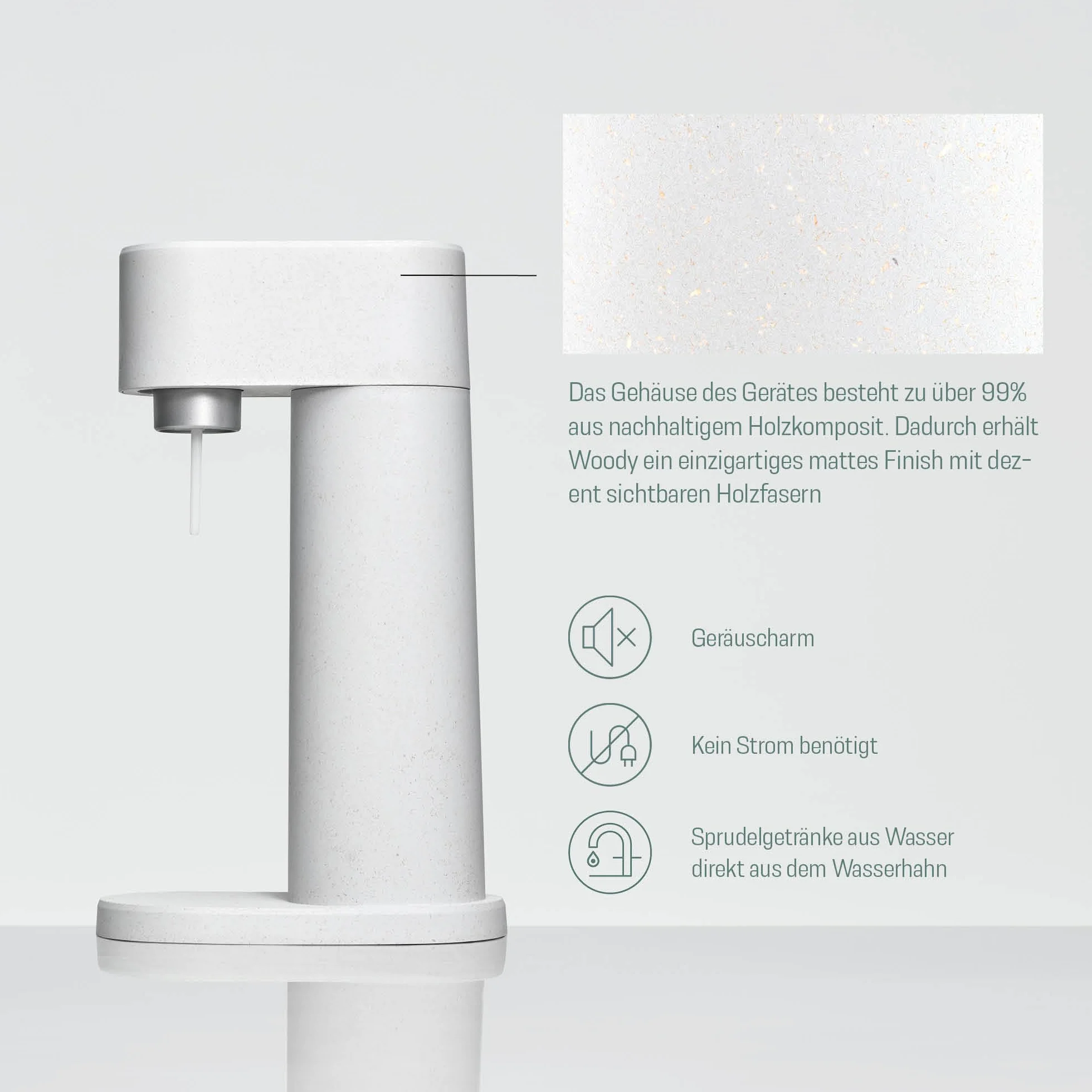 Mysoda Woody - Gasatore d’acqua per l’acqua frizzante in materiale composito di legno con bottiglia in PET e bombola CO2 inclusa - Blanco