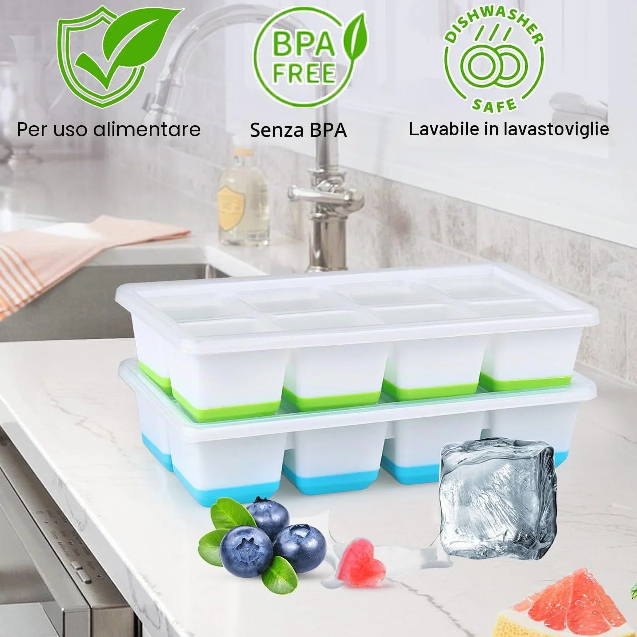 Stampi per Ghiaccio Grande con Coperchio 2 Pezzi Silicone Senza BPA Impilabile Cubetti Ghiaccio