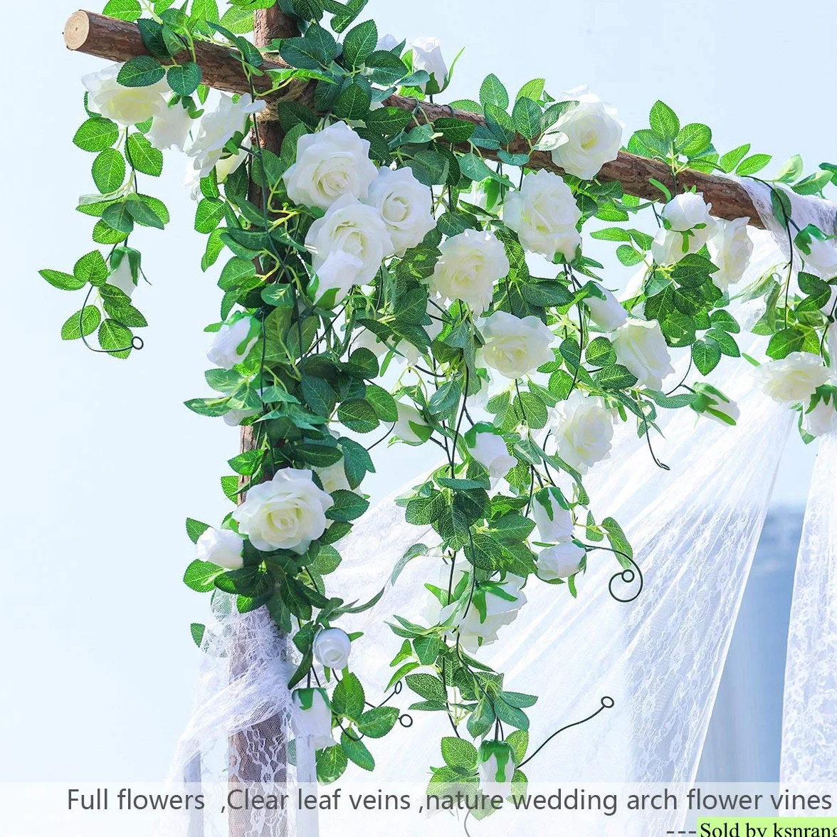 Ghirlanda di Rosa Artificiali Fiori di Seta Vite Finta Sospeso Rose Edera Piante per Nozze Casa Ufficio Arco Preparativi Decorazione (2 Pezzi, 9 Fiori -Bianca)