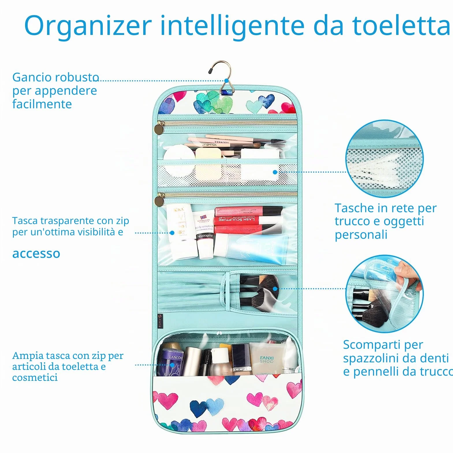 FINTIE Beauty Case da Viaggio Portatile Trucco, Borsa Grande Custodia Organizer con Gancio per Appendere per Donna