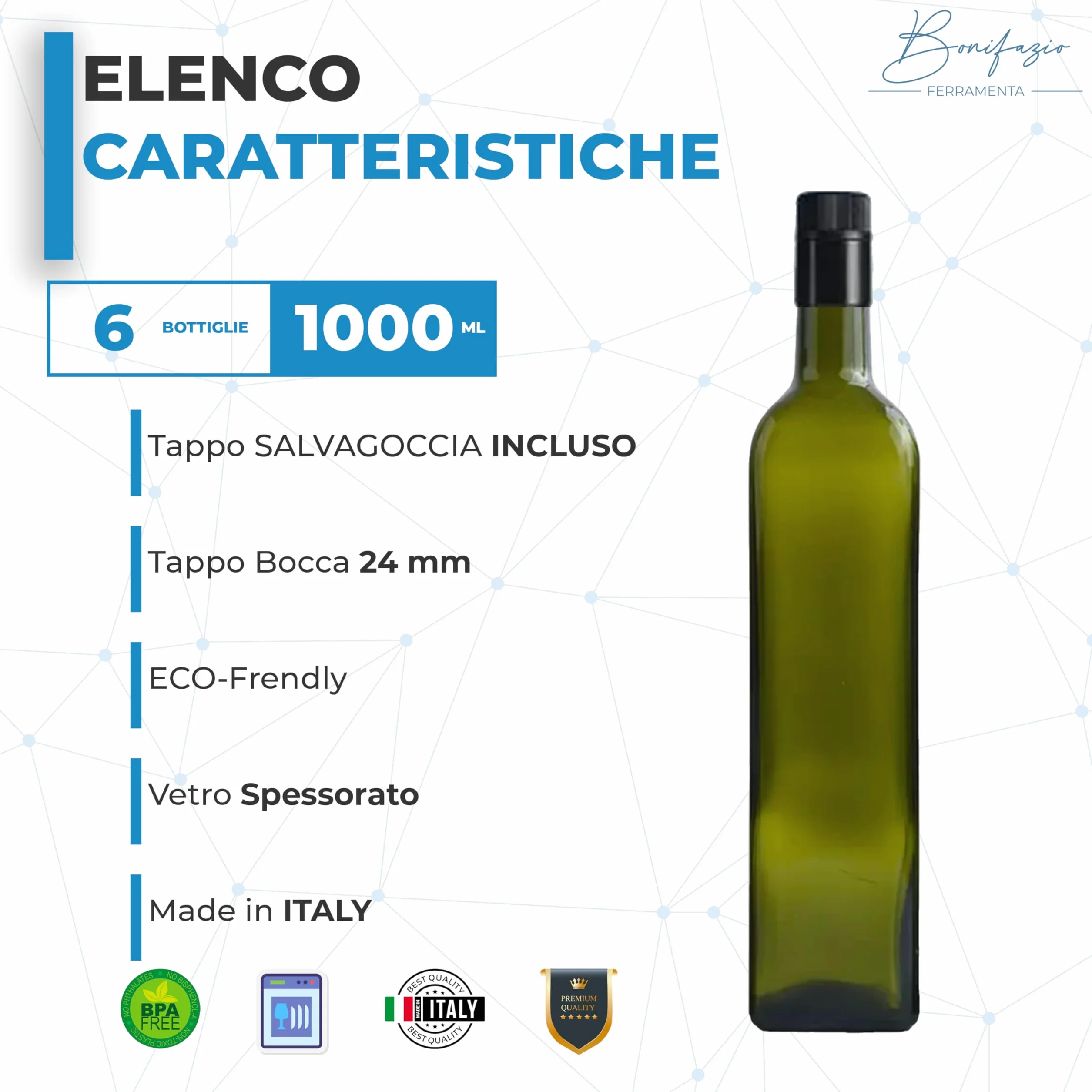 Set 6 Bottiglie Olio Marasca Scura 1 Litro con Tappo Salvagoccia per Olio, Liquori e Altri Liquidi