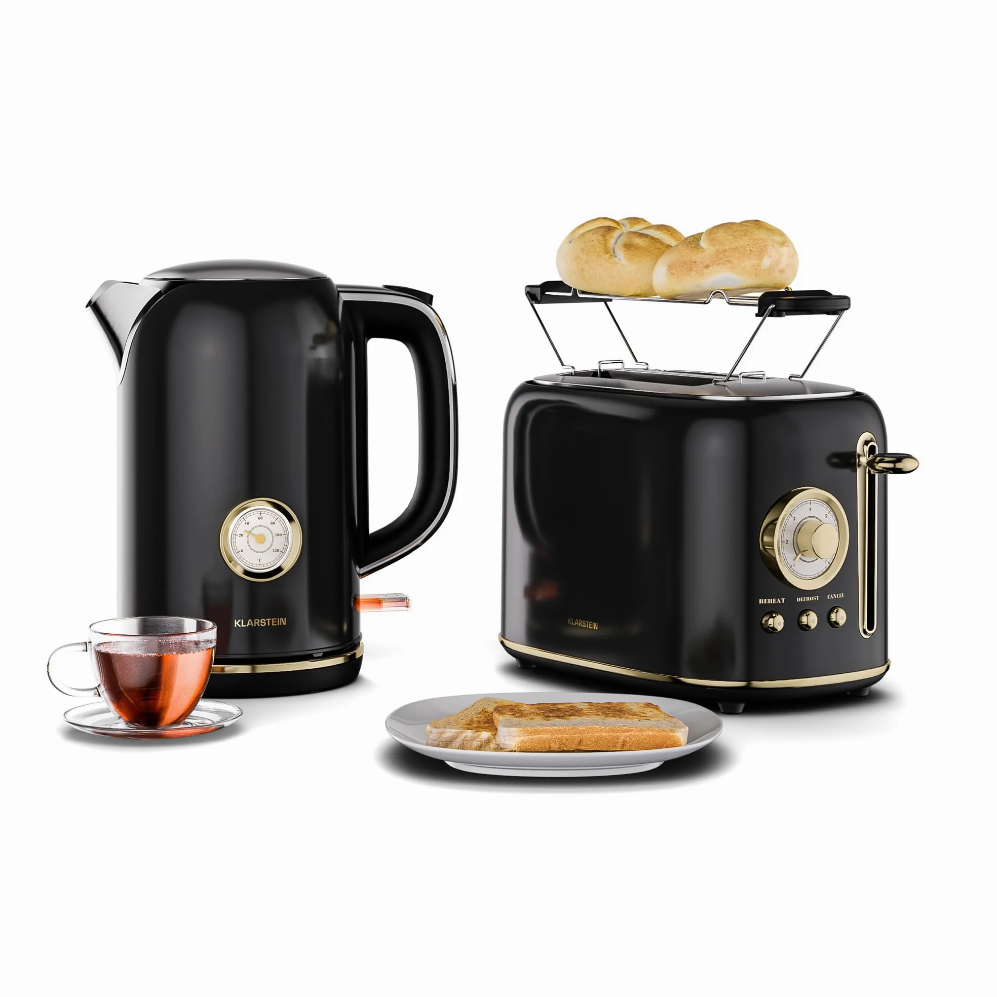 Klarstein Victoria Essential Set per la Colazione - Tostapane 2 Fette con 7 Livelli, Vassoio Raccogli Briciole, Supporto Panini, Bollitore Elettrico 1,7L con Filtro Anticalcare, Nero