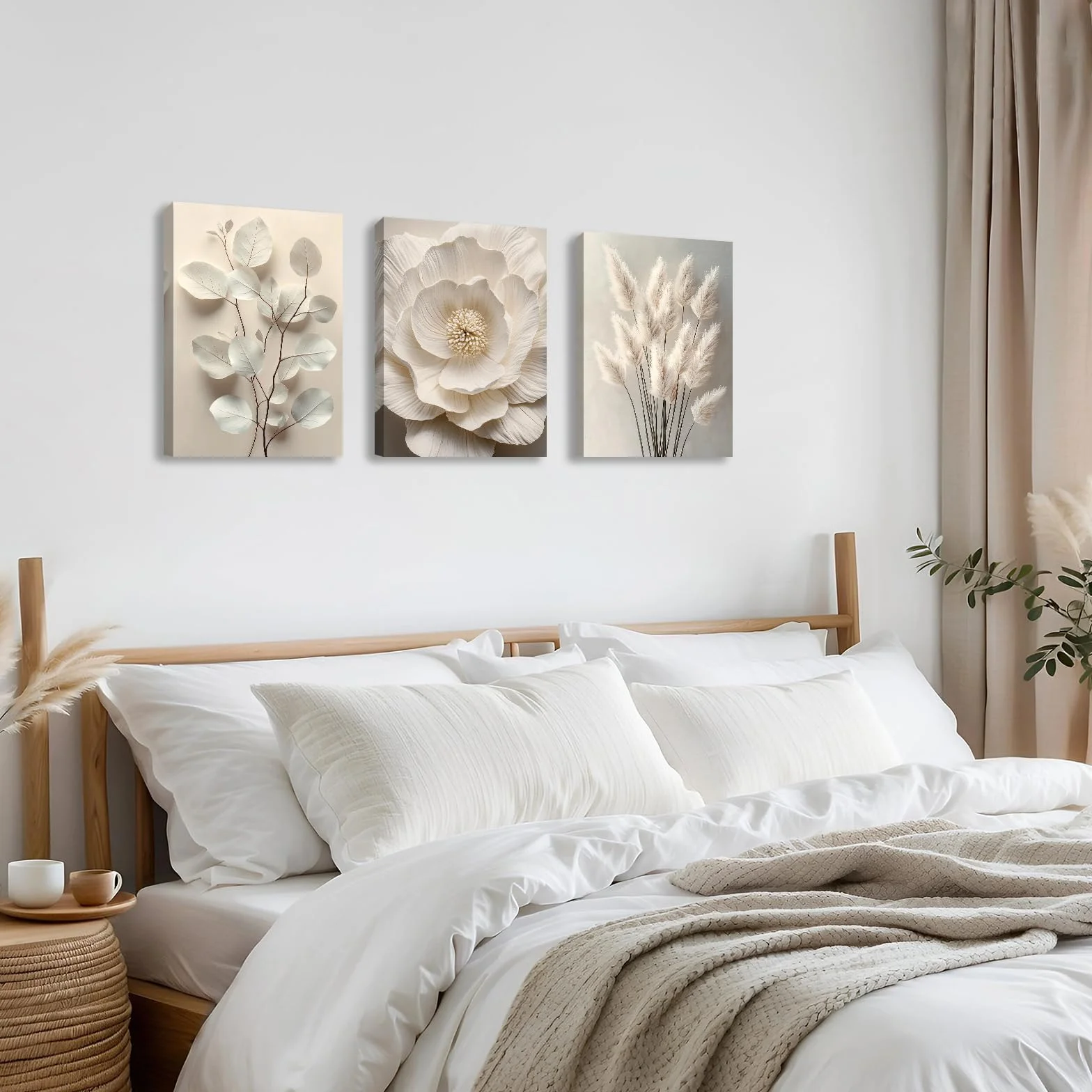 Neutro Beige Floreale Pianta Stampa su Tela Con Cornice Boho 3D Texturizzato Fiore Botanico Quadri Moderni Decorazione Murale 30x40cmx3