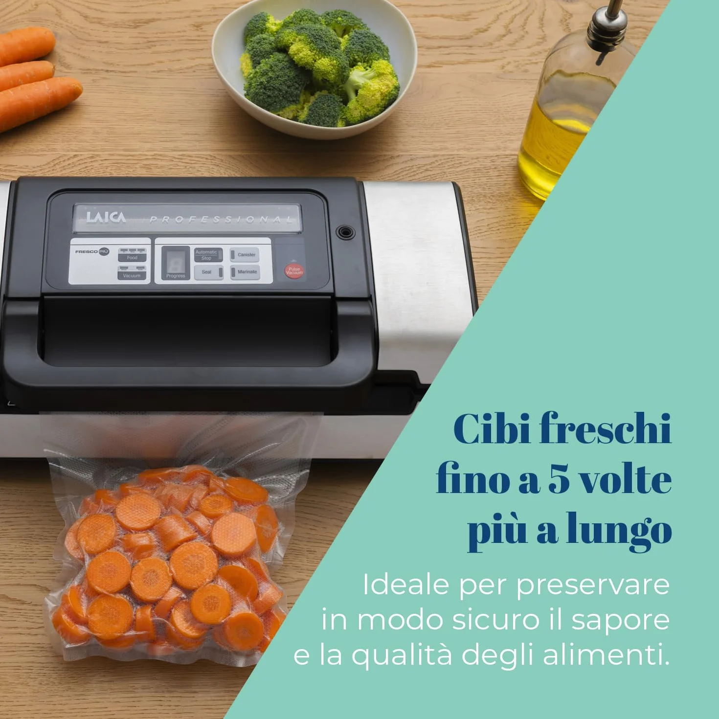 LAICA VT3120 Macchina Sottovuoto Professionale - Adatta per Tutti i Tipi di Alimenti - Funzione Marinatura Rapida, Mantiene i Cibi Freschi fino a 5 Volte Più a Lungo - 2 Rotoli per Sottovuoto Inclusi