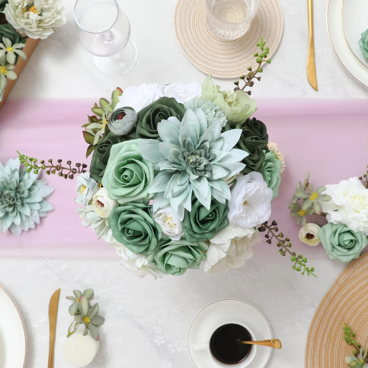 Kisflower Set di fiori artificiali verdi con steli, per bouquet da sposa fai da te, decorazioni per la casa
