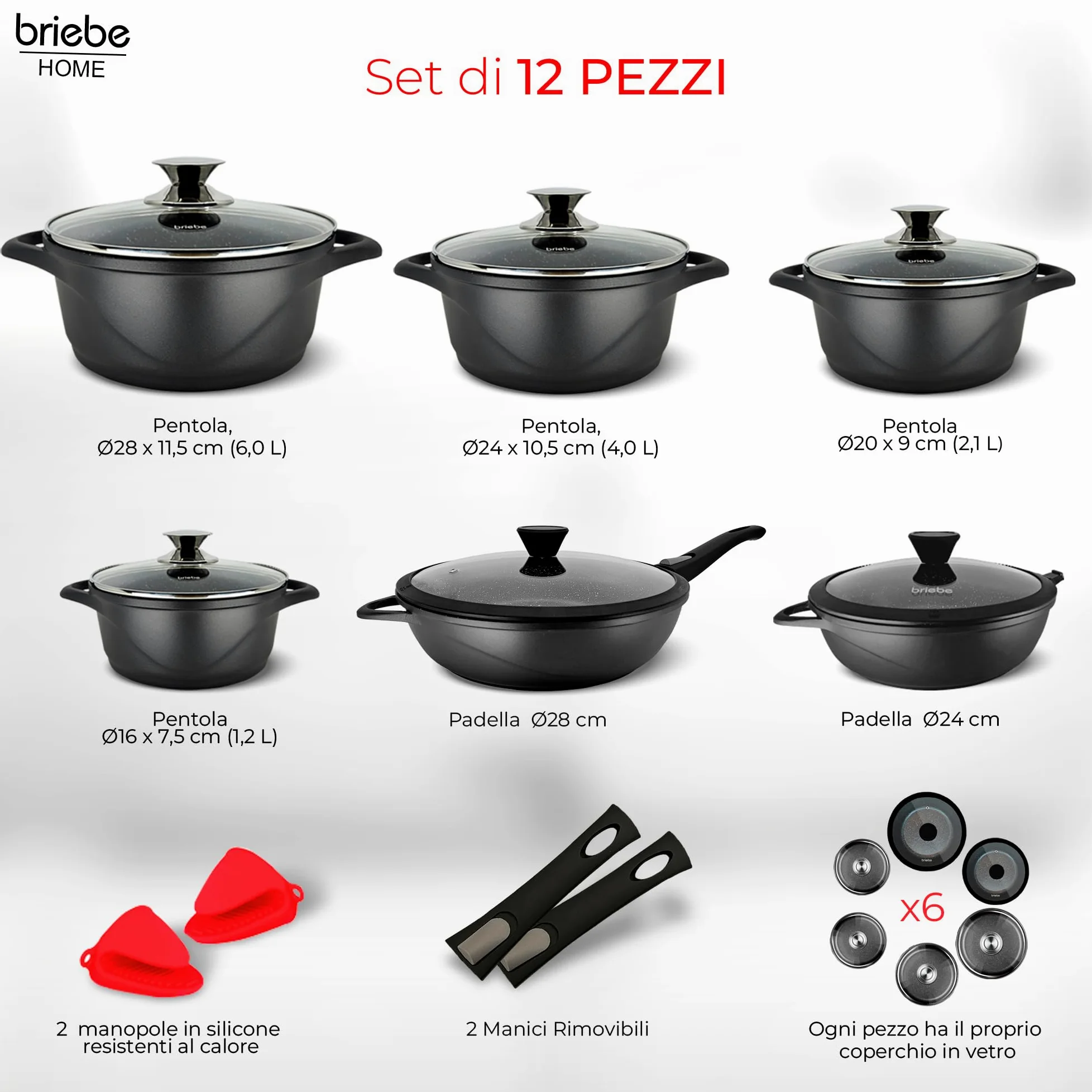 briebe Batteria da Cucina Induzione 12 Pezzi, set di 4 Pentole in Alluminio Fuso + 2 Padelle, Antiaderente ILAG GRANITEC senza PFOA, Coperchi in Vetro, Guanti in Silicone, Vetroceramica, Gas, Forno