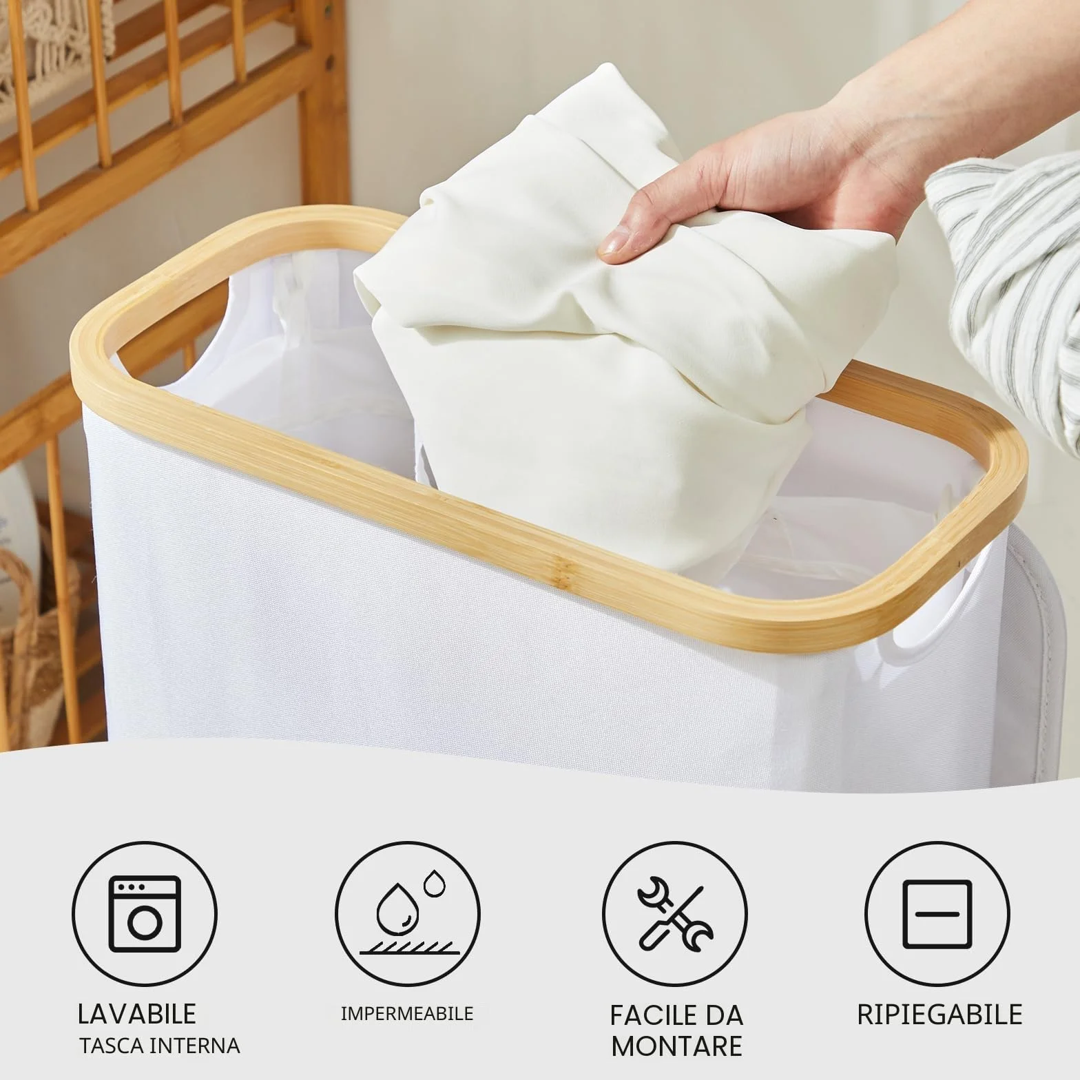 YOUDENOVA - Cesto portabiancheria con coperchio, 48 l, stretto, con sacco grande per la biancheria, pieghevole, in legno di bambù, bianco