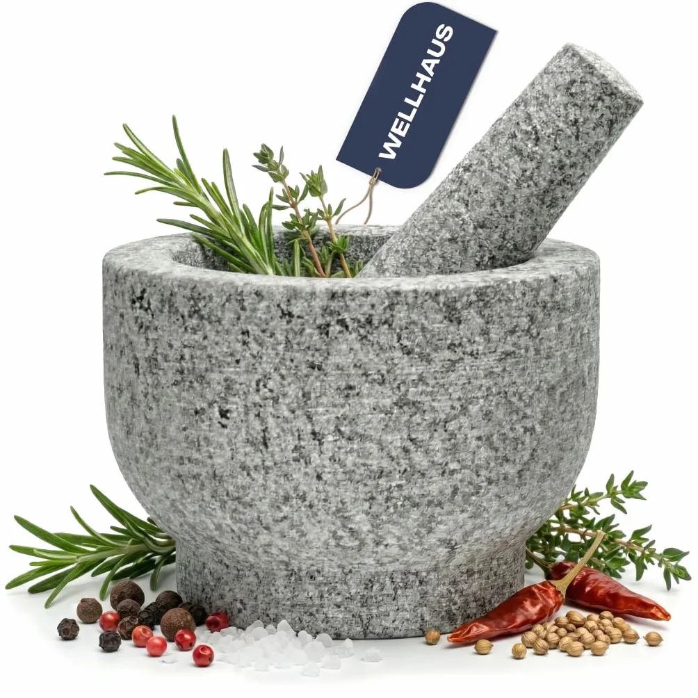 Mortaio con pestello in granito XXL, pietra naturale, tritatutto per erbe, noci, aglio, contenitore massiccio, accessori da cucina (grigio)