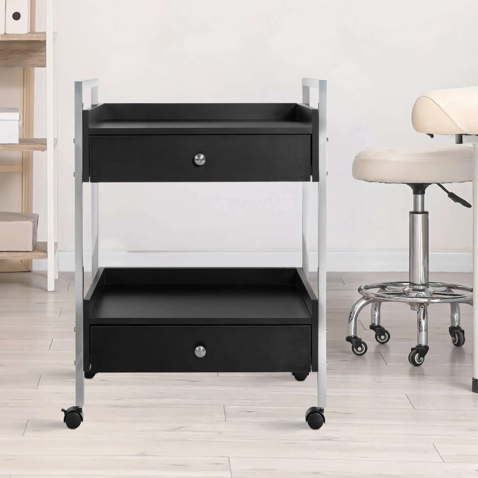 CLP Carrello Multiuso di Lusso I Carrello Multiuso su rotelle I Carrello con Due cassetti e Ripiani, Colore:Nero