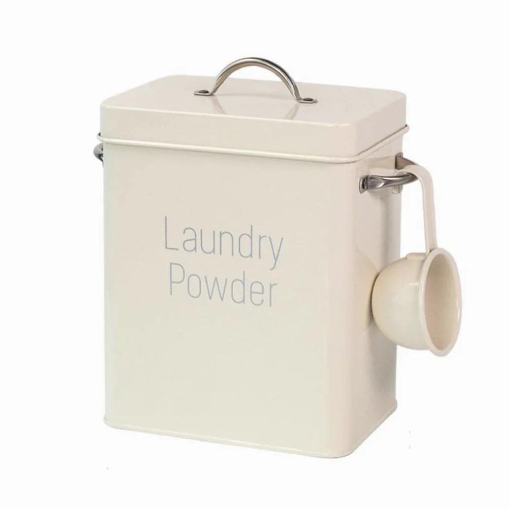 Grande contenitore di latta per bucato in polvere con cucchiaio, bianco