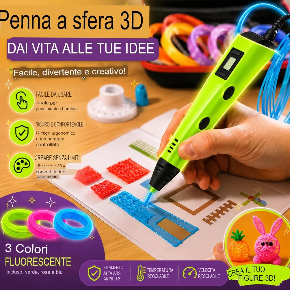 Penna 3D con filamento PLA, display LCD, temperatura e velocità regolabili, borsa per trasporto