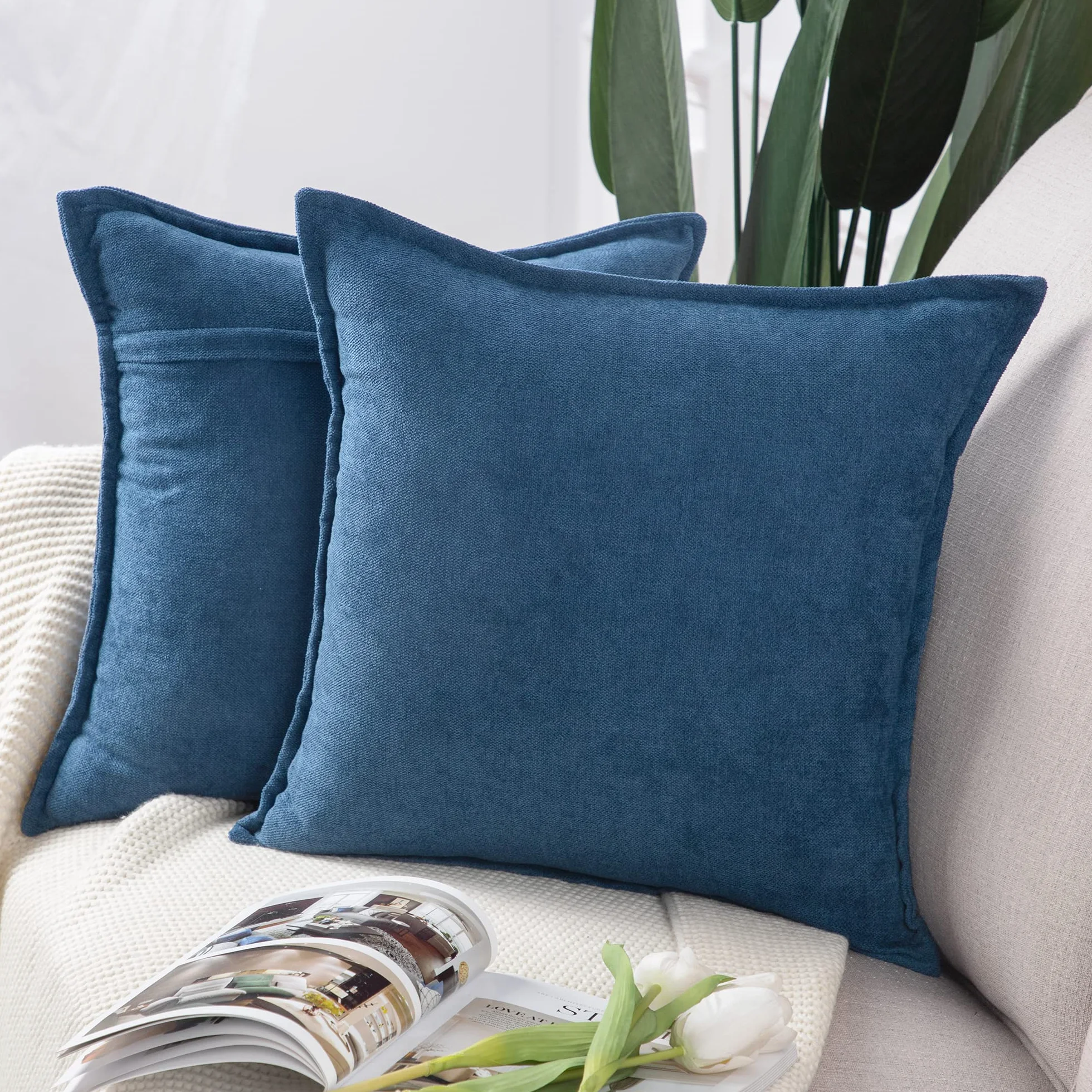 Madizz 2 Pezzi Federe Corto Ciniglia Copricuscini Morbido Decorativo Fodere per Cuscino Lusso Stile per Divano Camera da Letto Letto Blu Scuro Quadrate 50x50 cm