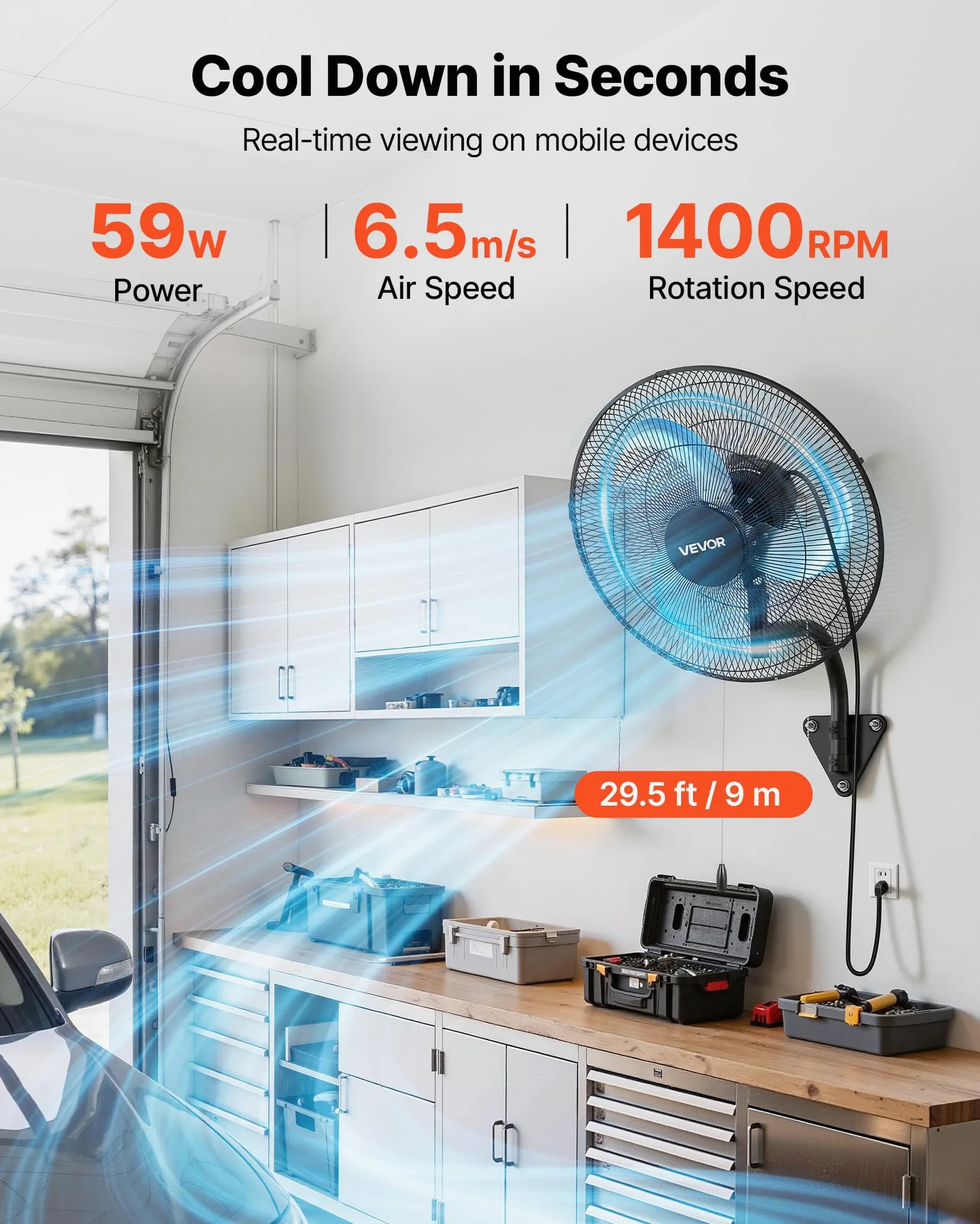 VEVOR Ventilatore da Parete Industriale, 457 mm, Ventilatore Oscillante a Muro, 3 Velocità, Flusso d'Aria Potente, Angolo Regolabile, Adatto per Officine, Garage, Palestre e Ambienti Commerciali