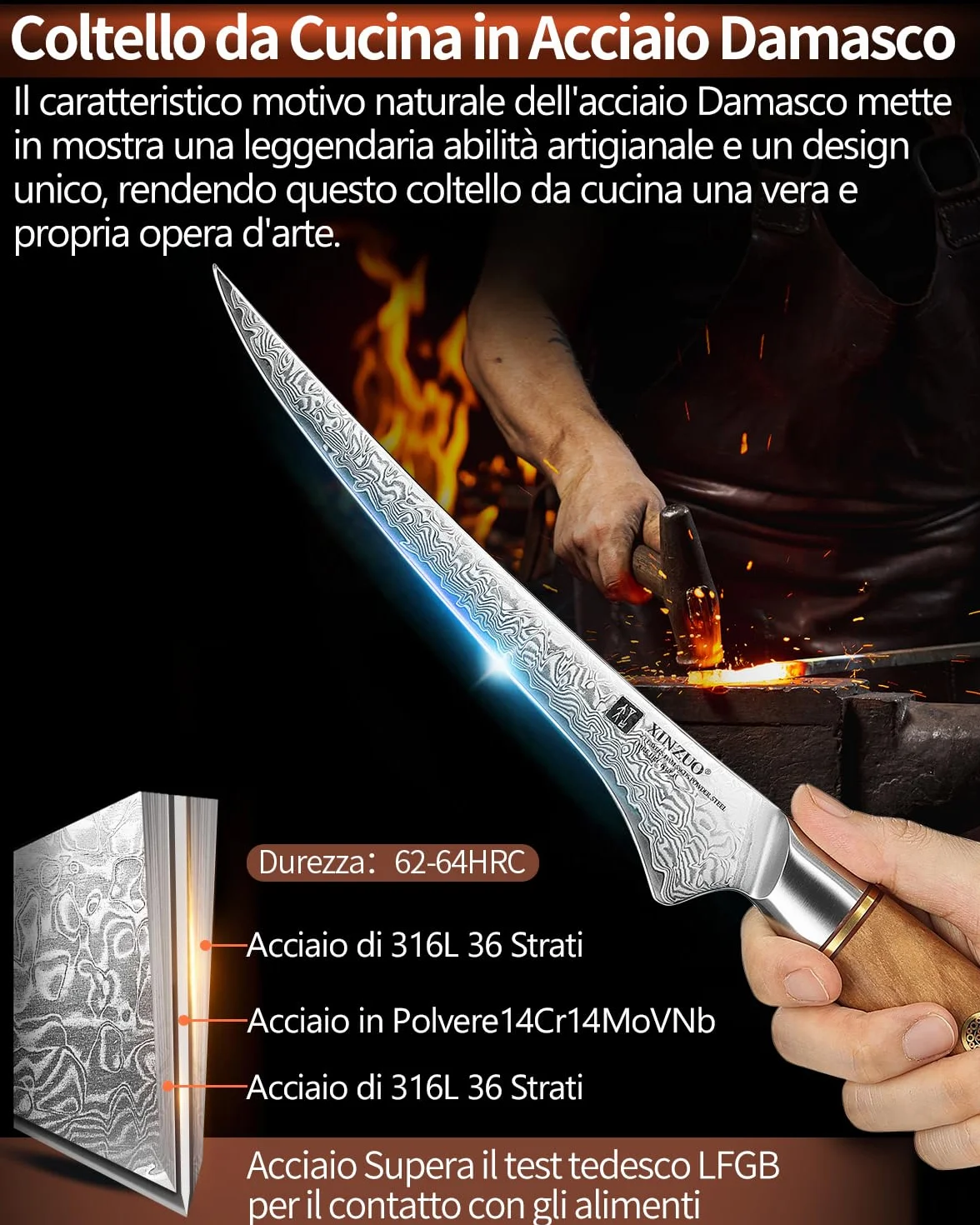 XINZUO 17,8cm Coltello per Sfilettare Acciaio a Polvere di Damasco a 73 Strati -Professionale Coltello da Filetto Cucina Bordo Disossare Pesce e Carne -Manico in Legno d'Ulivo