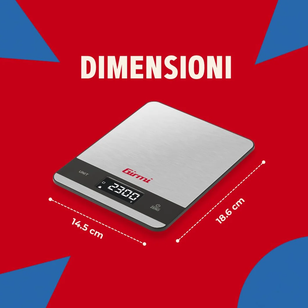 Girmi PS05 Bilancia da cucina Elettronica, 1 gr/5Kg, Piatto Inox, Display ad alta luminosità, Autospegnimento, Funzione TARA, Indicatori di errore, Display 50 x 22, Appendibile, Grigio